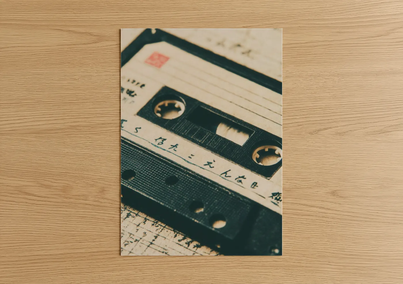 Casette art print on warm oak wood — beige and black palette — Vintage Cassette Stack poster