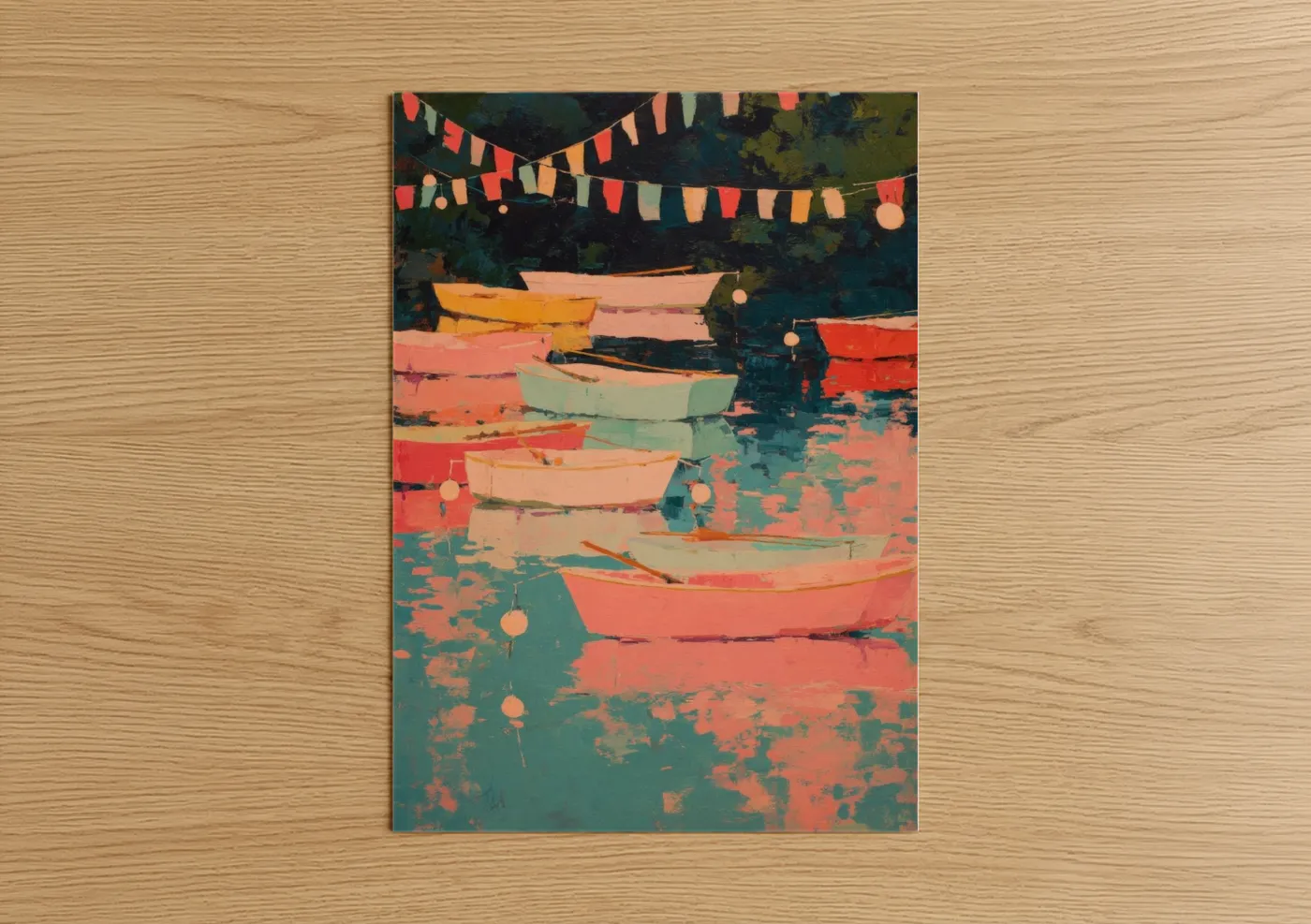 4th of july art print on warm oak wood — red and teal palette — Festive Harbor Boats poster