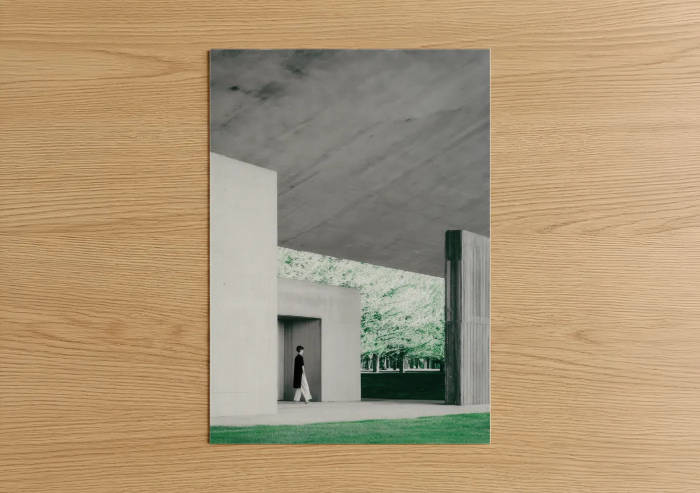 Abstract architecture art print on warm oak wood — gray and light green palette — Minimalist Concrete poster