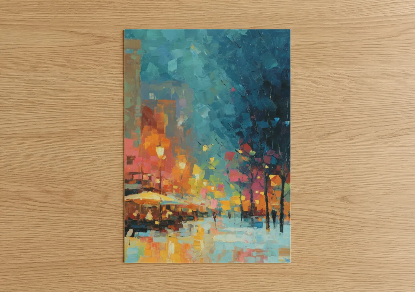 Christmas art print on warm oak wood — blue and gold and orange palette — Festive Urban Lights poster