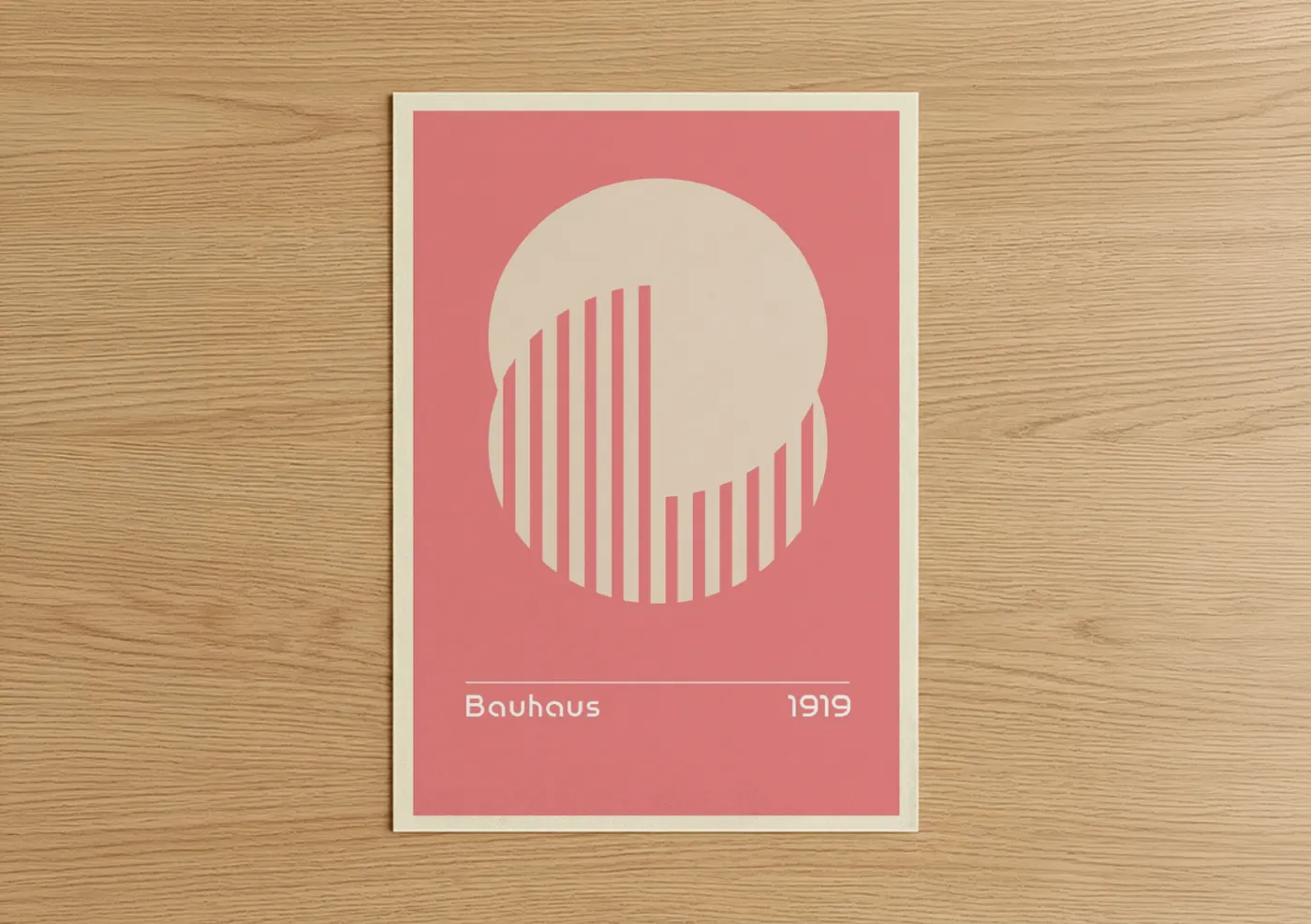 Abstract geometric art print on warm oak wood — salmon pink and cream palette — Bauhaus Portrait poster
