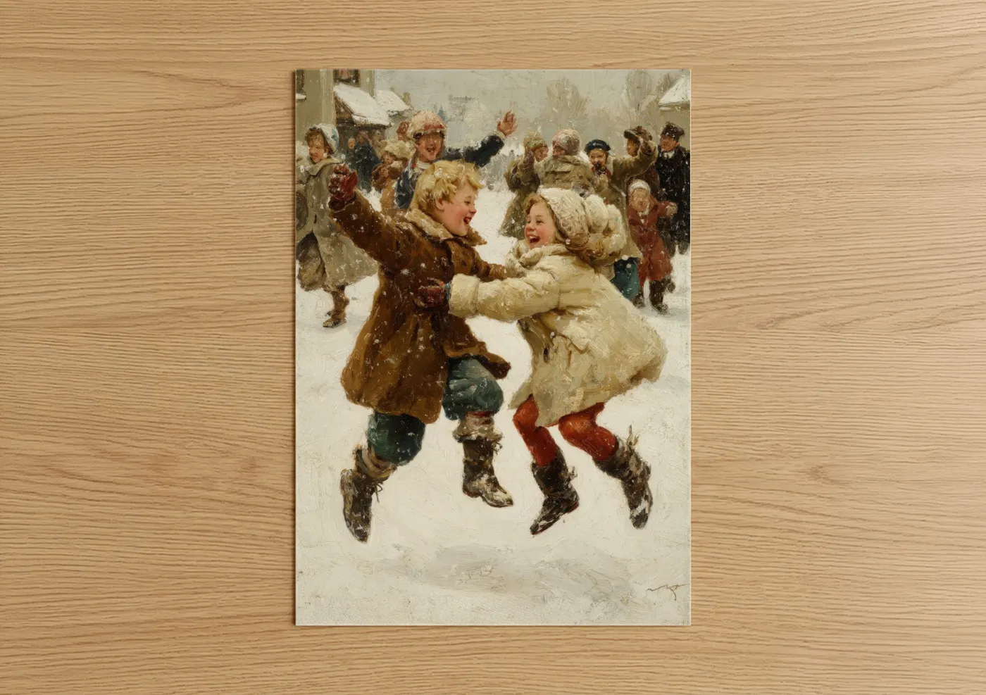 Children Playing in Snow Winter Scene Wall Art