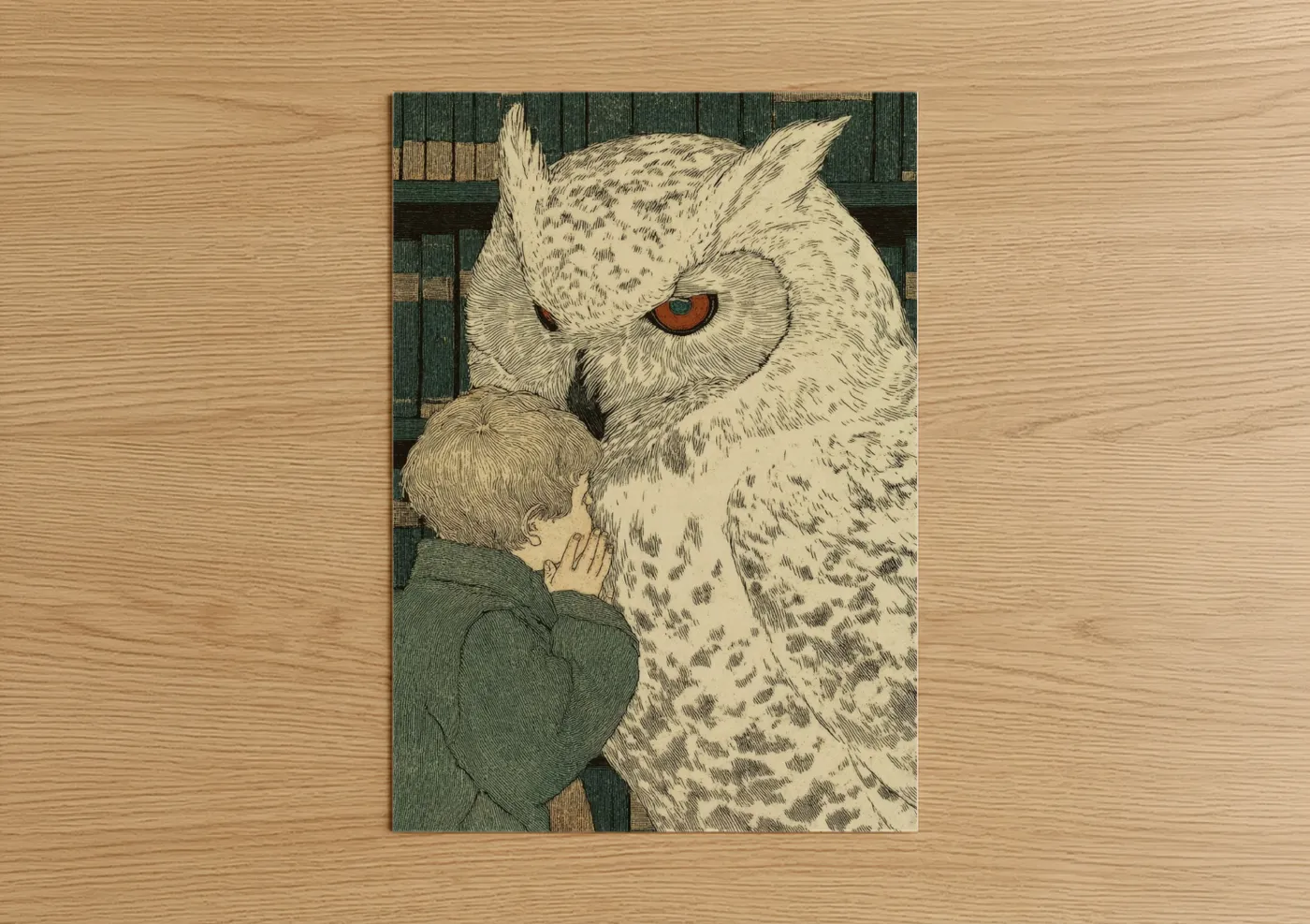 Kids magic and fantasy art print on warm oak wood — dark green and cream palette — Owl's Gentle Touch poster