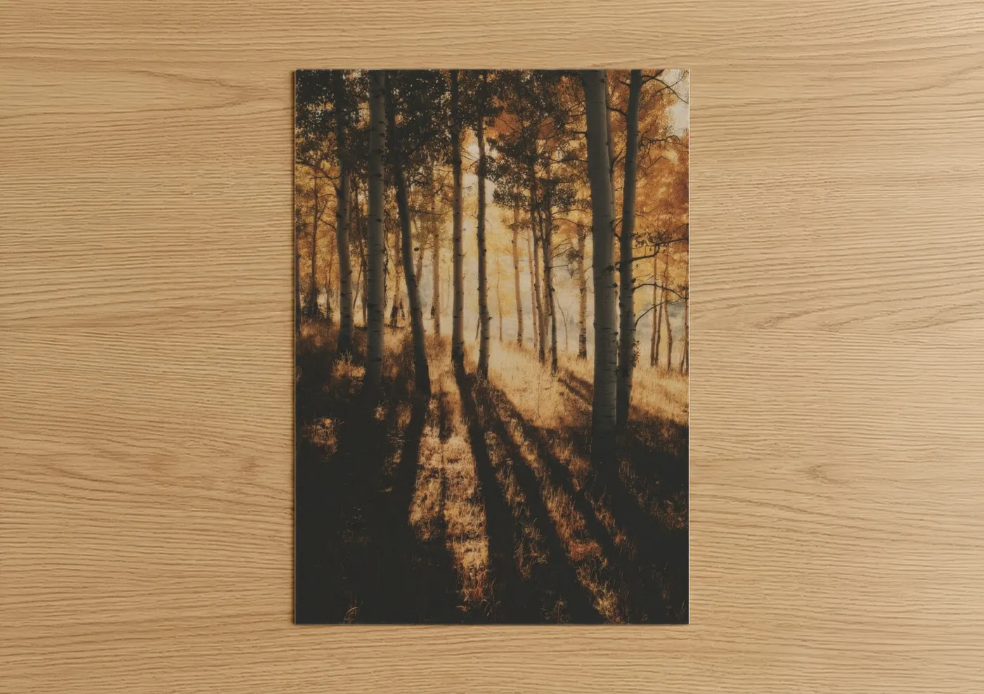 Art print on warm oak wood — gold and black palette — Golden Aspen Forest poster