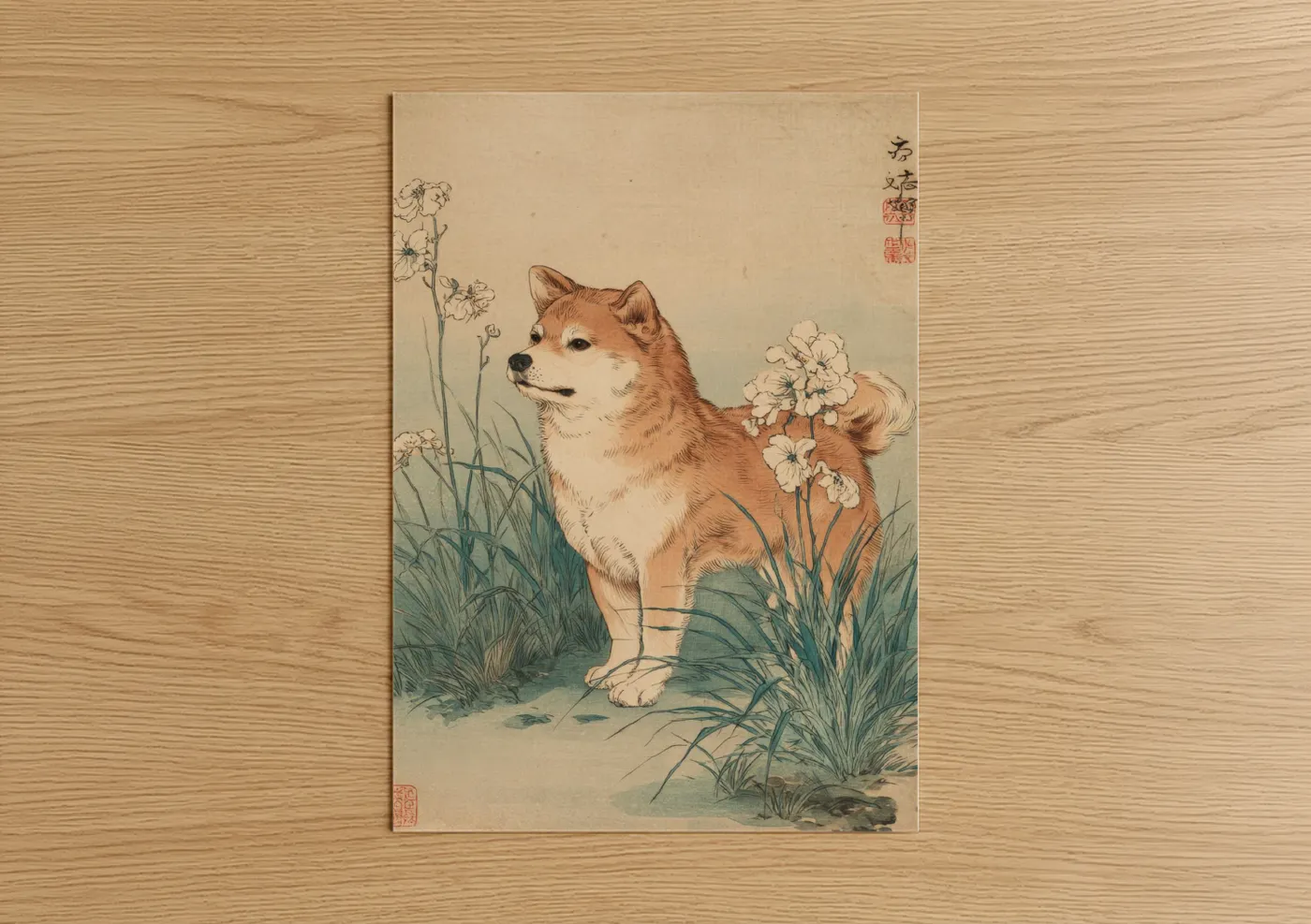 Shiba Inu Flowers Japanese Woodblock Wall Art