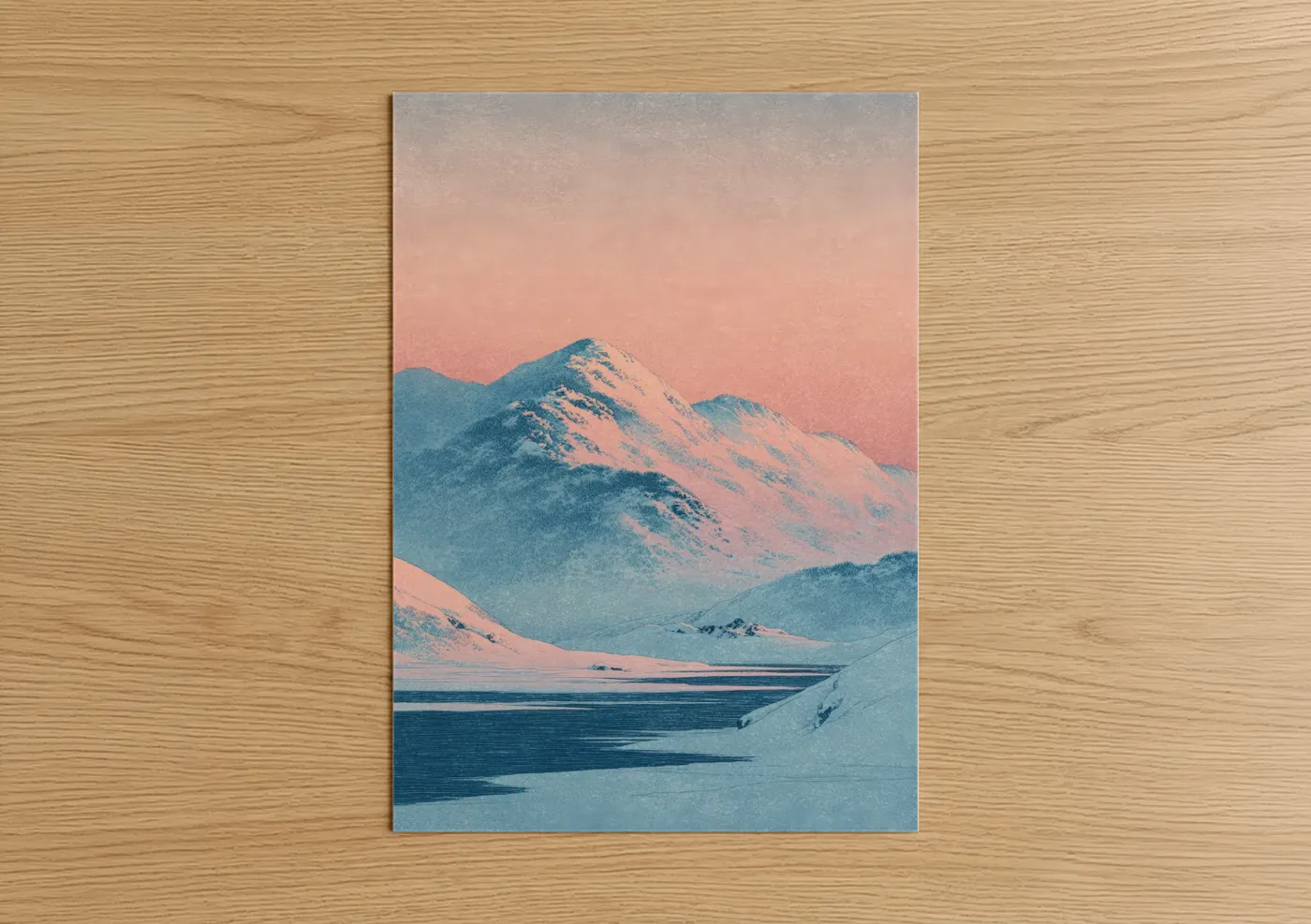 Glacier art print on warm oak wood — blue and peach palette — Frozen Alpine Dusk poster