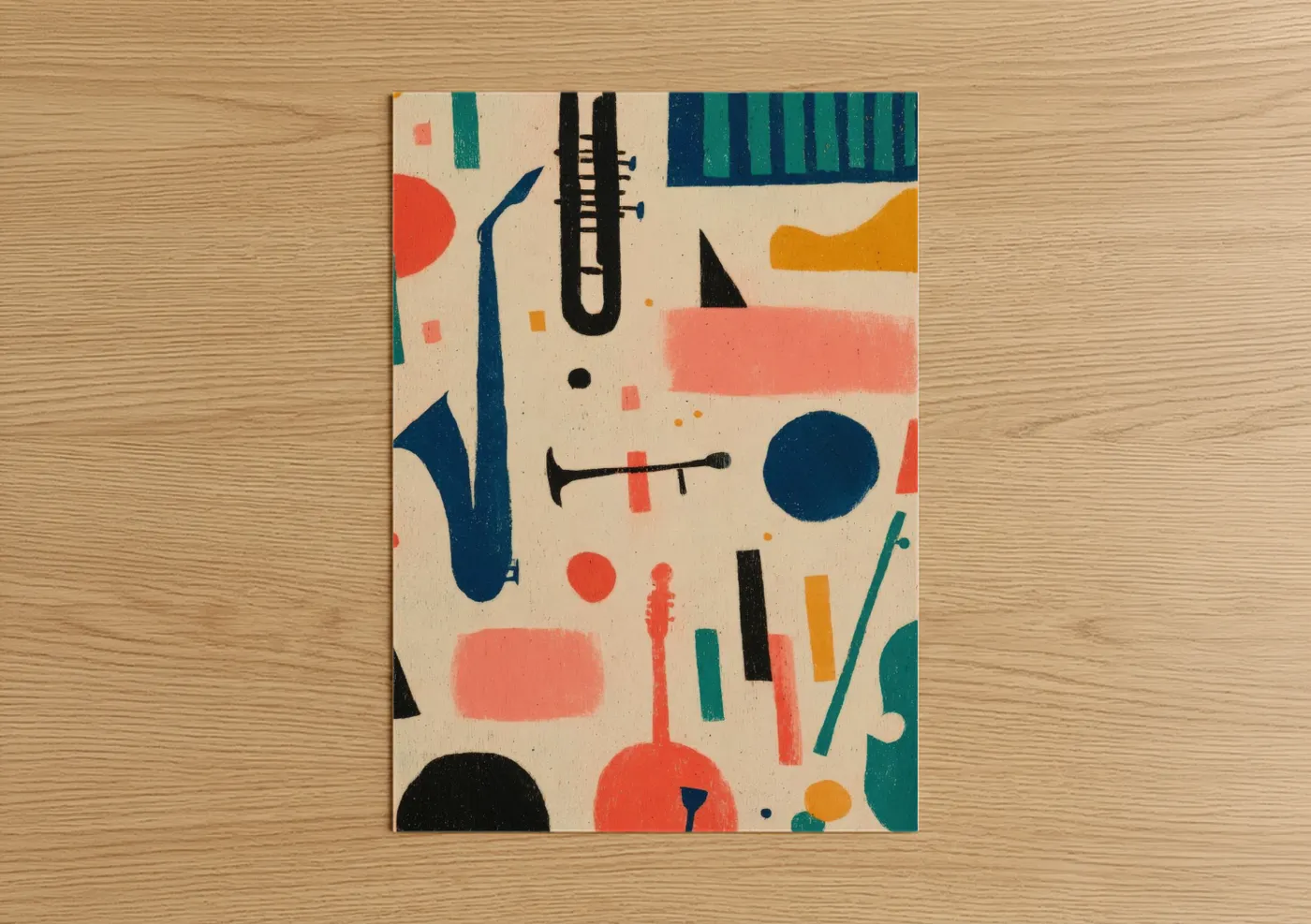 Art print on warm oak wood — cream and blue and gold palette — Abstract Jazz poster