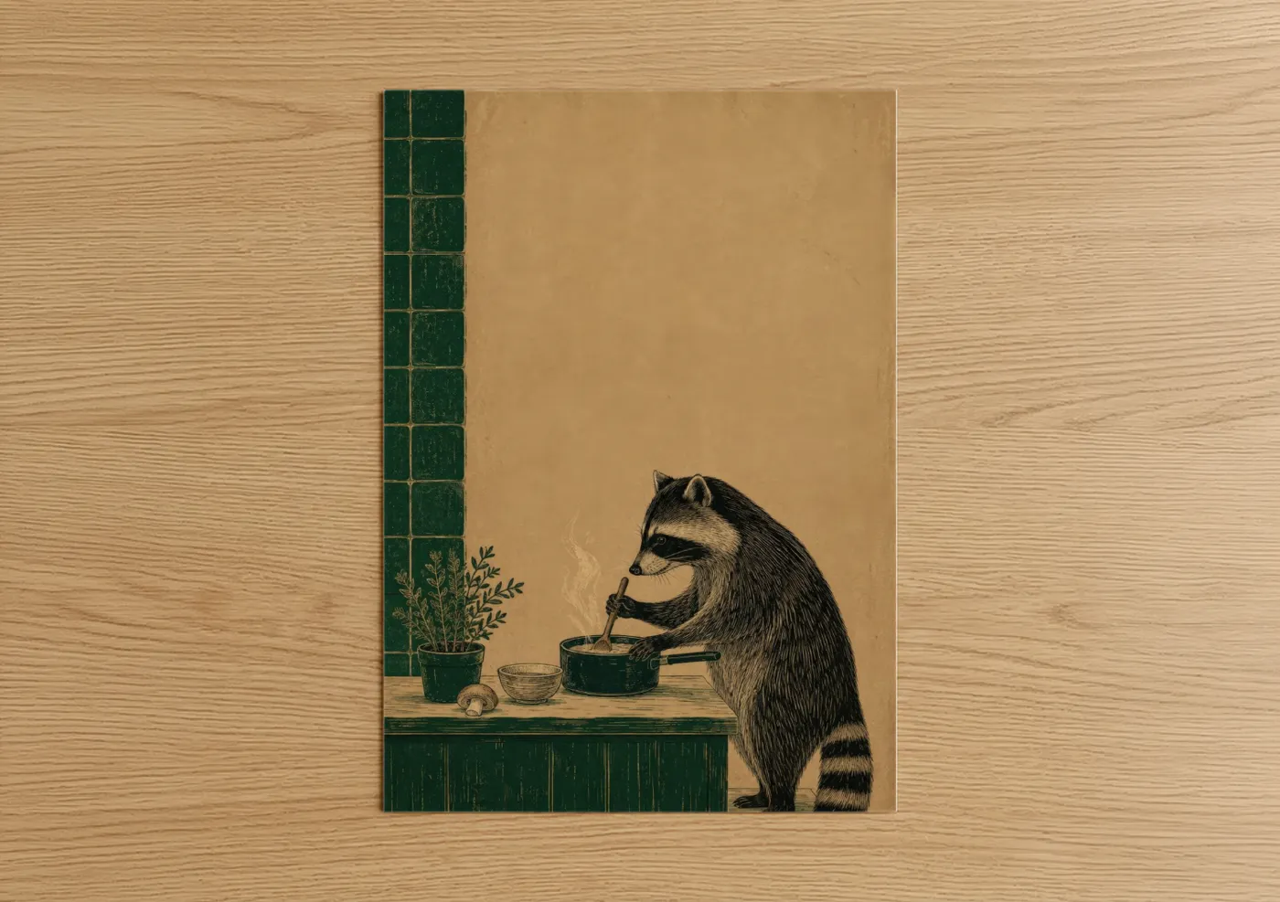 Art print on warm oak wood — beige and true green palette — Raccoon Cooking Kitchen Wall Art poster
