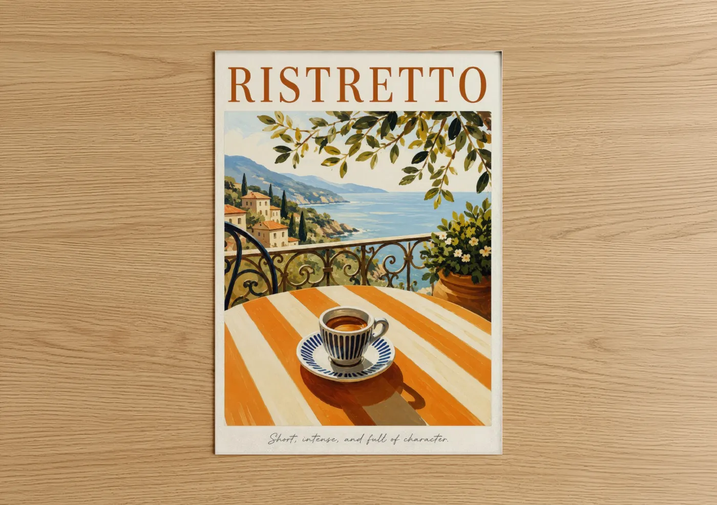 Art print on warm oak wood — orange and blue palette — Italian Coastal Coffee Terrace Wall Art poster