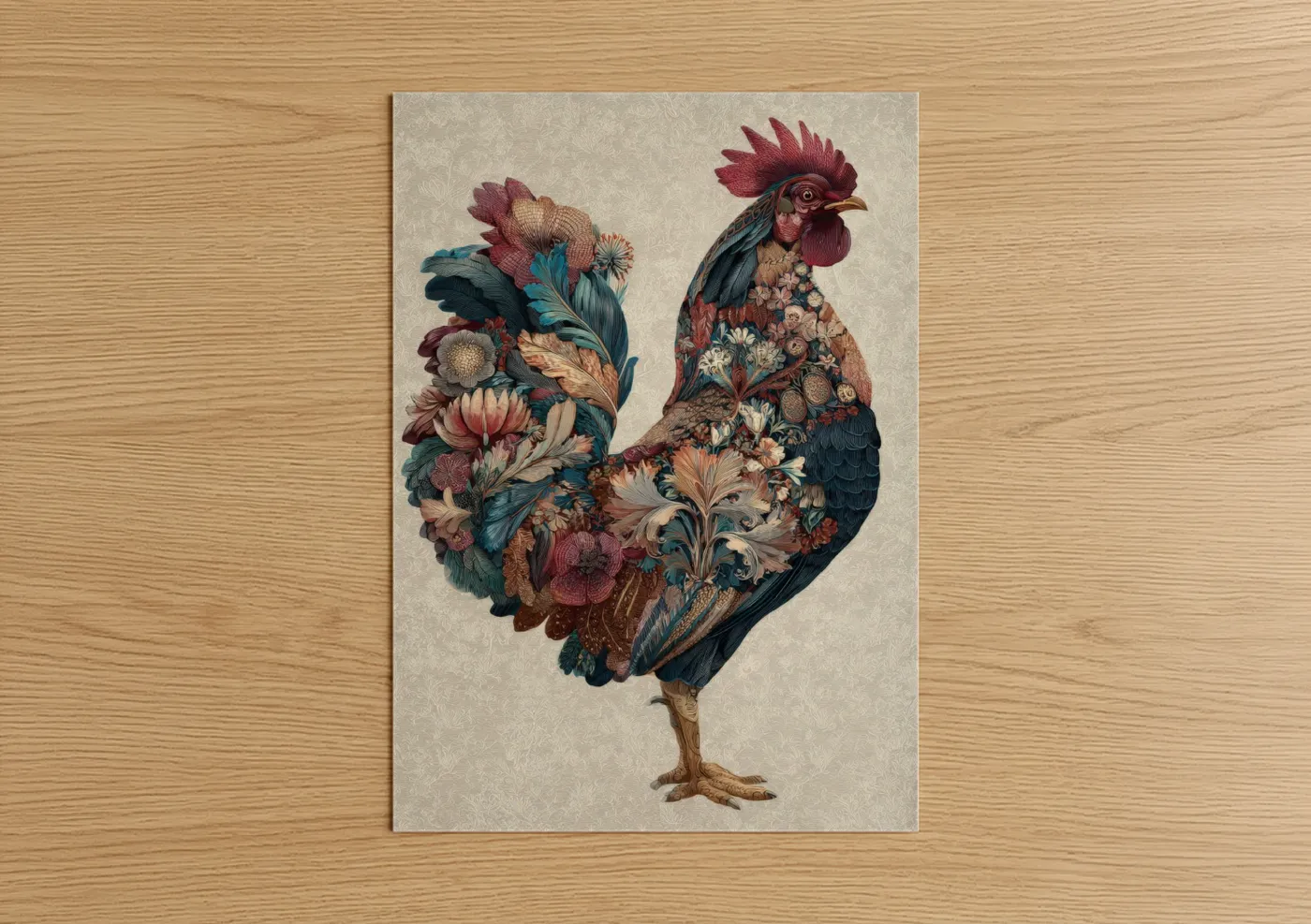Floral Rooster Botanical Illustration Wall Art