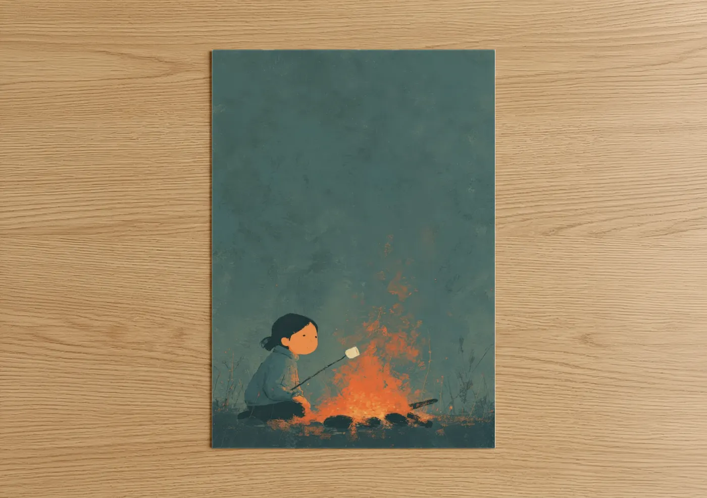 Camping art print on warm oak wood — teal and orange palette — Campfire Solitude poster