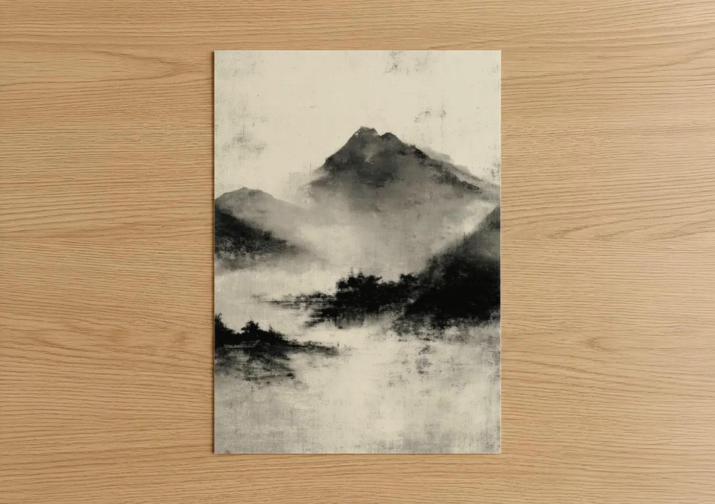 Art print on warm oak wood — black and white and gray palette — Misty Mountain Peaks poster