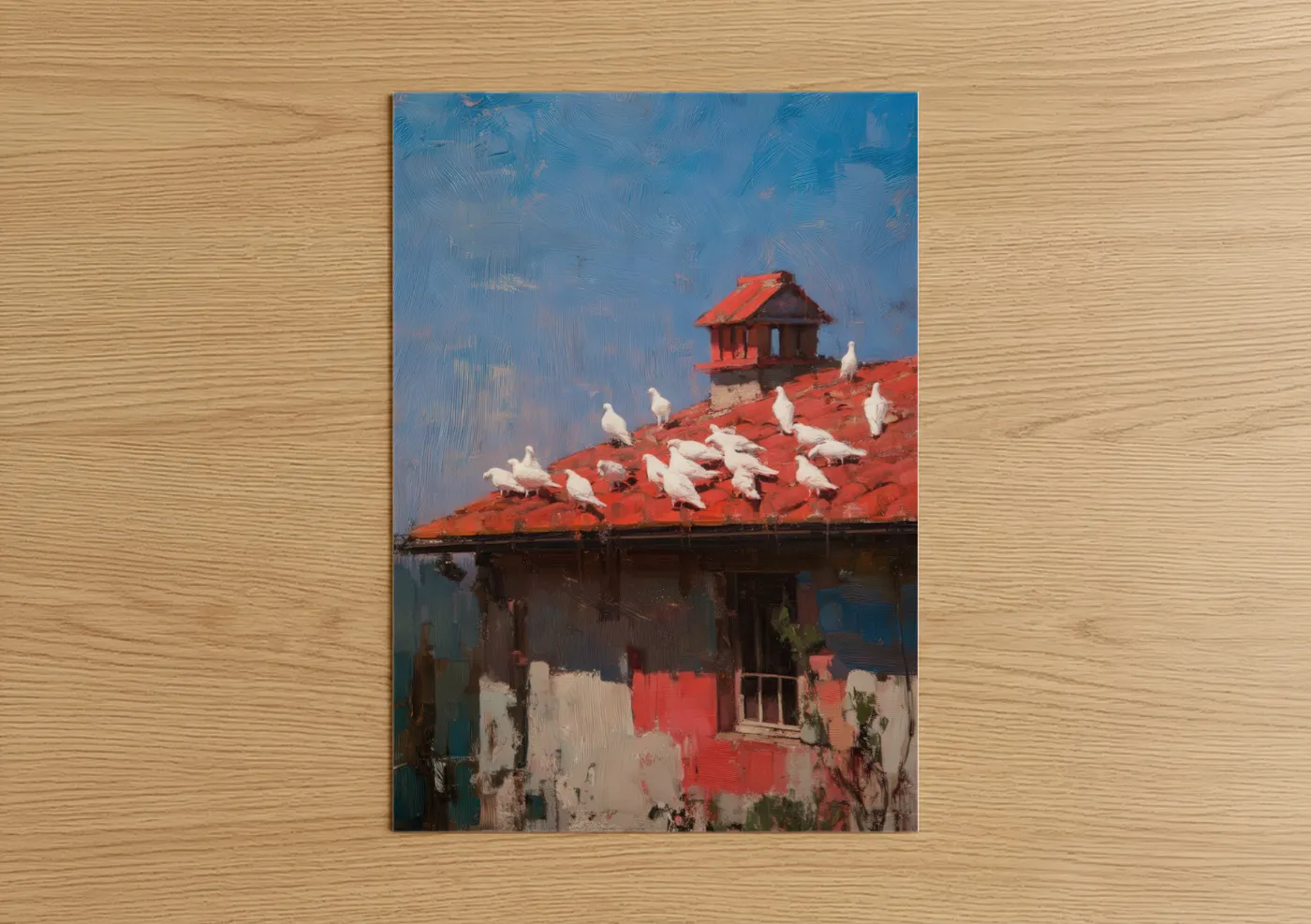 Art print on warm oak wood — blue and red palette — Weathered Dovecote poster