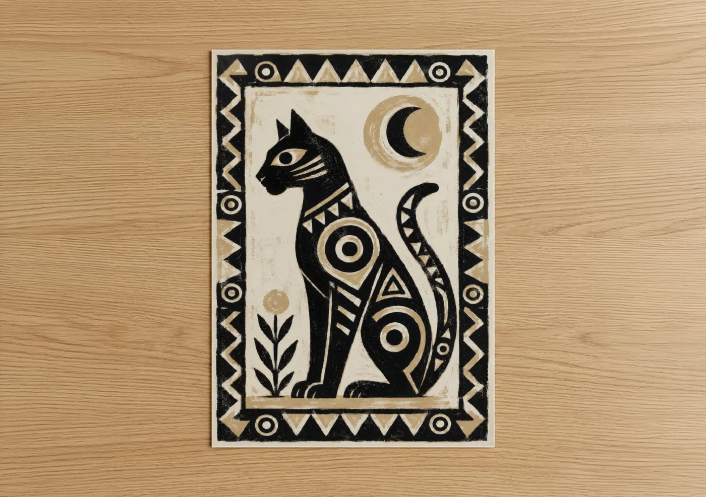 Art print on warm oak wood — black and white and beige palette — Geometric Cat Moon Wall Art poster
