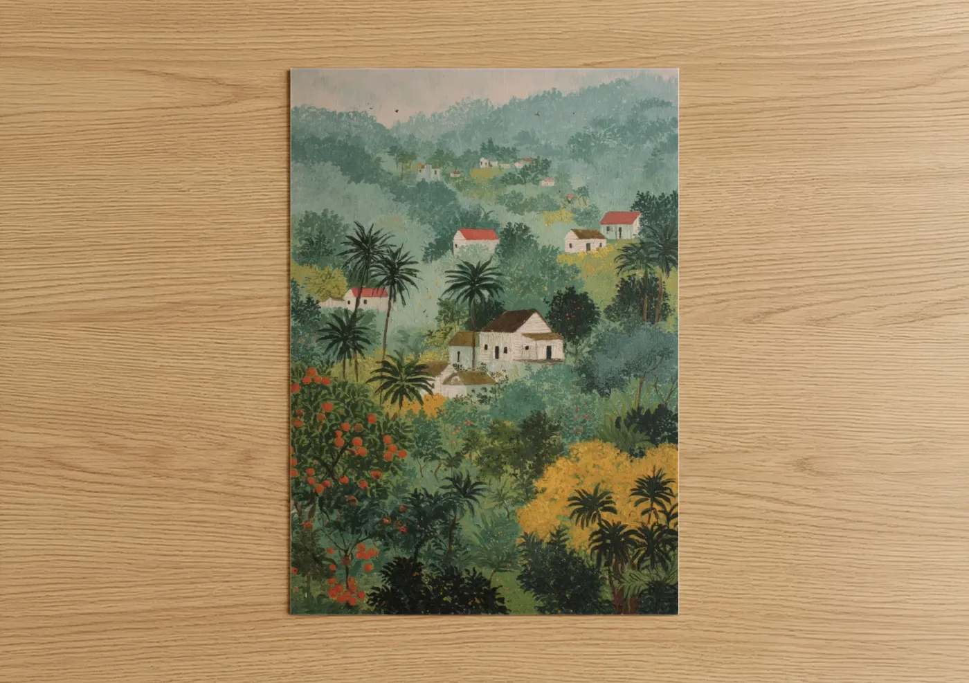 Tropical trees art print on warm oak wood — green and gold palette — Tropical Village Landscape poster