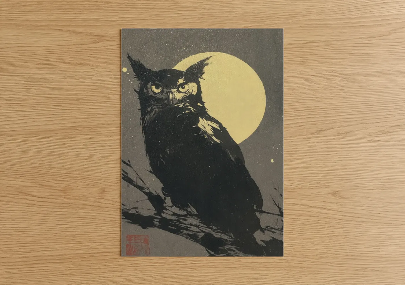 Art print on warm oak wood — black and white and yellow gold palette — Moonlit Owl poster