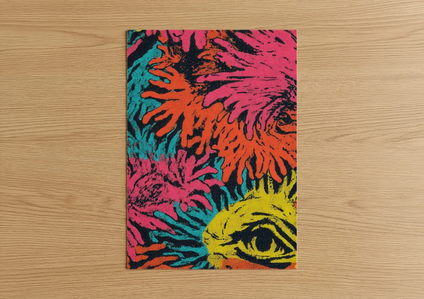 Art print on warm oak wood — magenta and orange palette — Neon Lionfish poster
