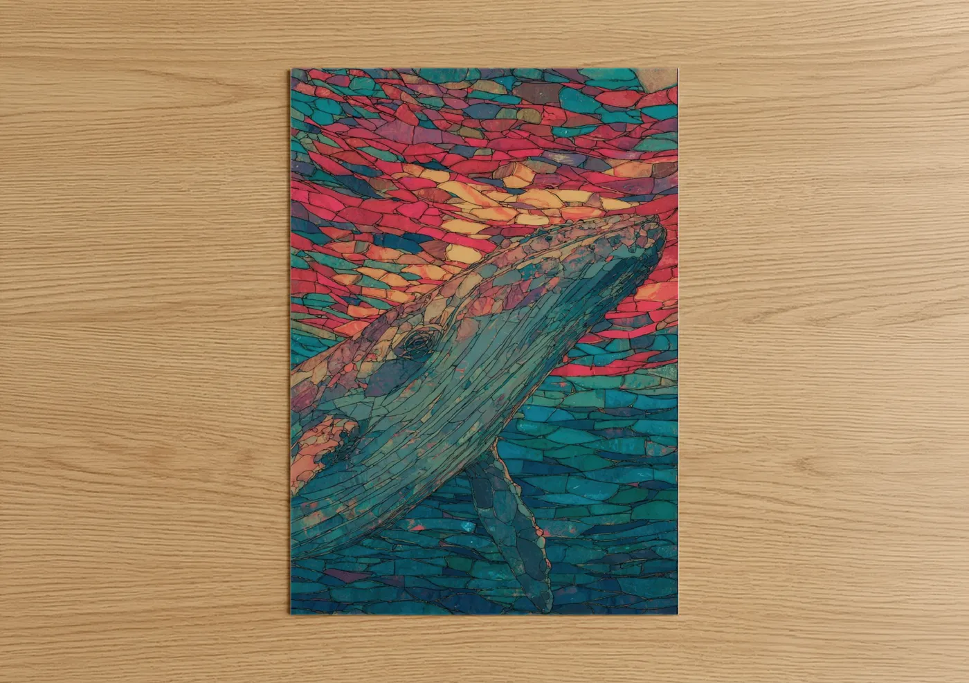 Art print on warm oak wood — teal and pink palette — Vibrant Sperm Whale poster