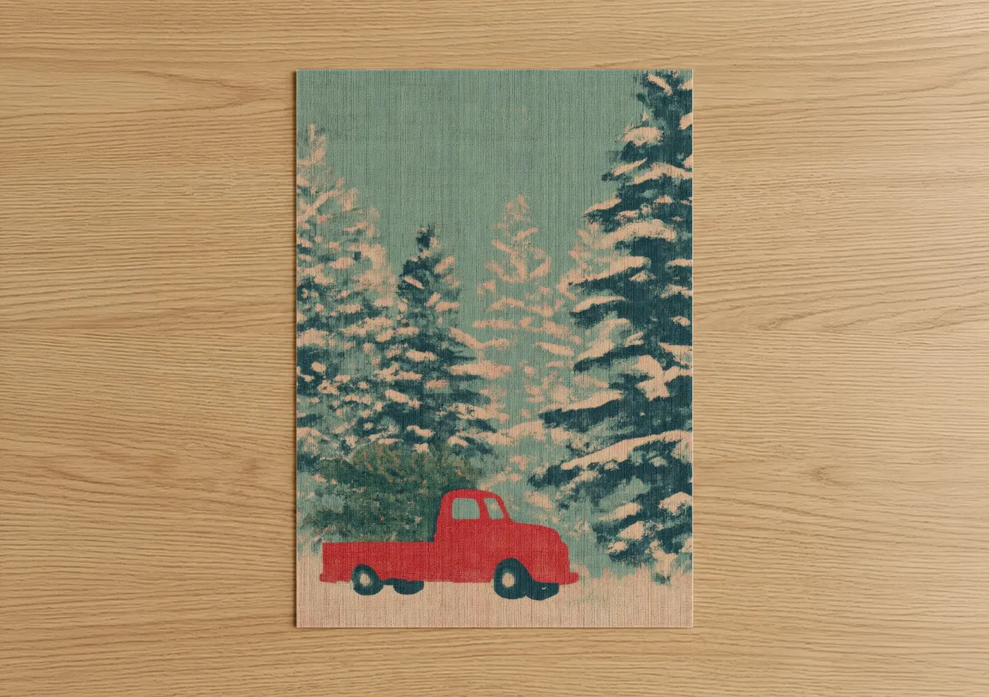 Christmas art print on warm oak wood — sage green and cream palette — Red Truck Winter poster