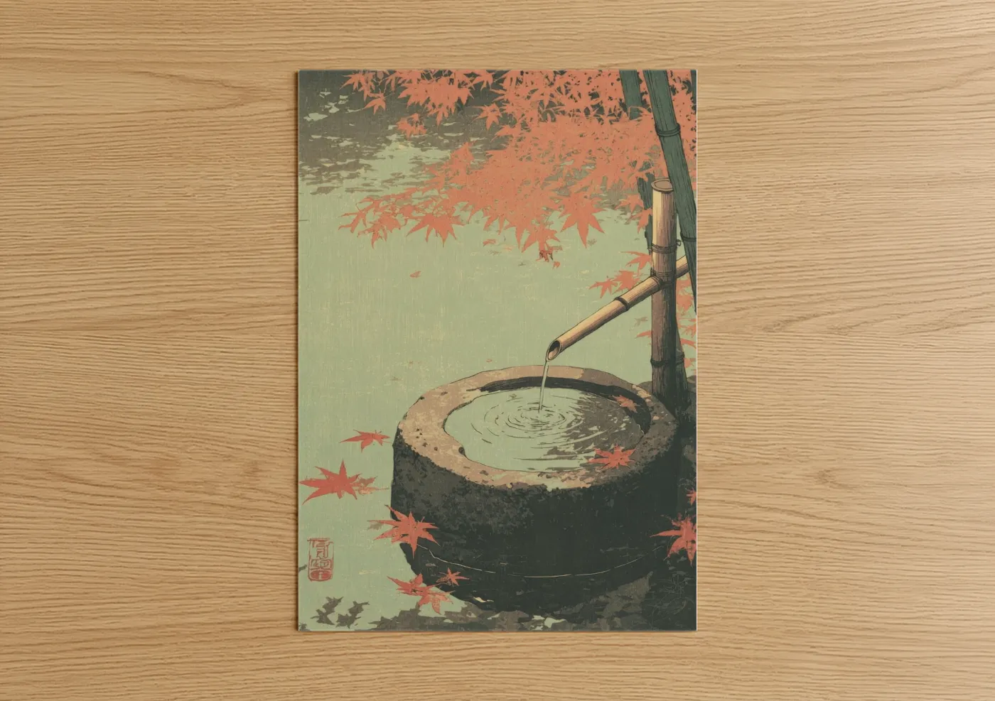 Autumn Stone Fountain Japanese Garden Wall Art