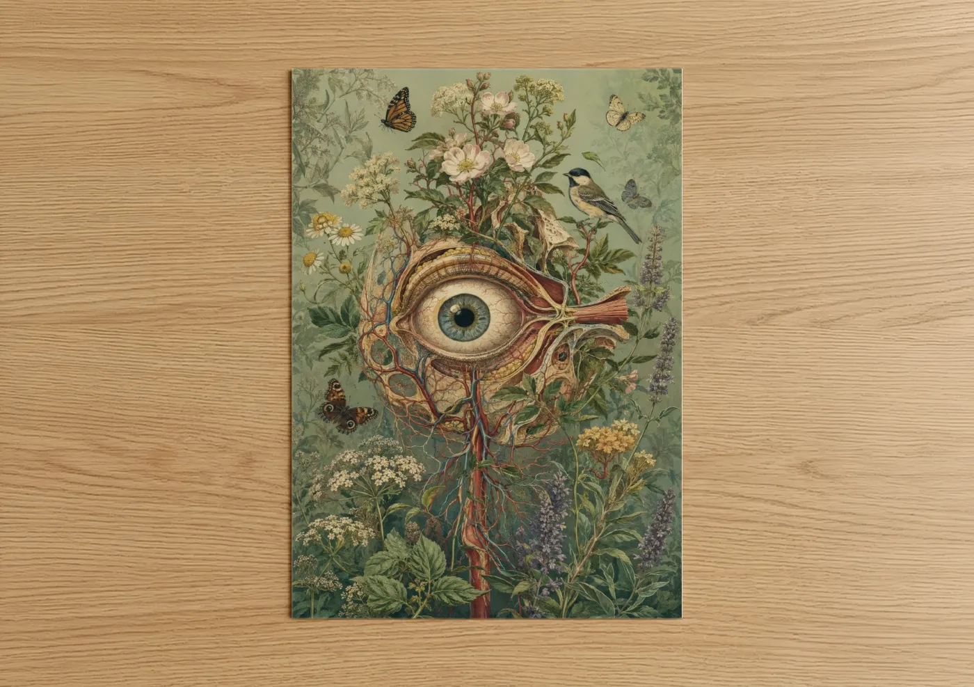Flower art print on warm oak wood — sage green and cream palette — Surreal Botanical Eye Garden Wall Art poster