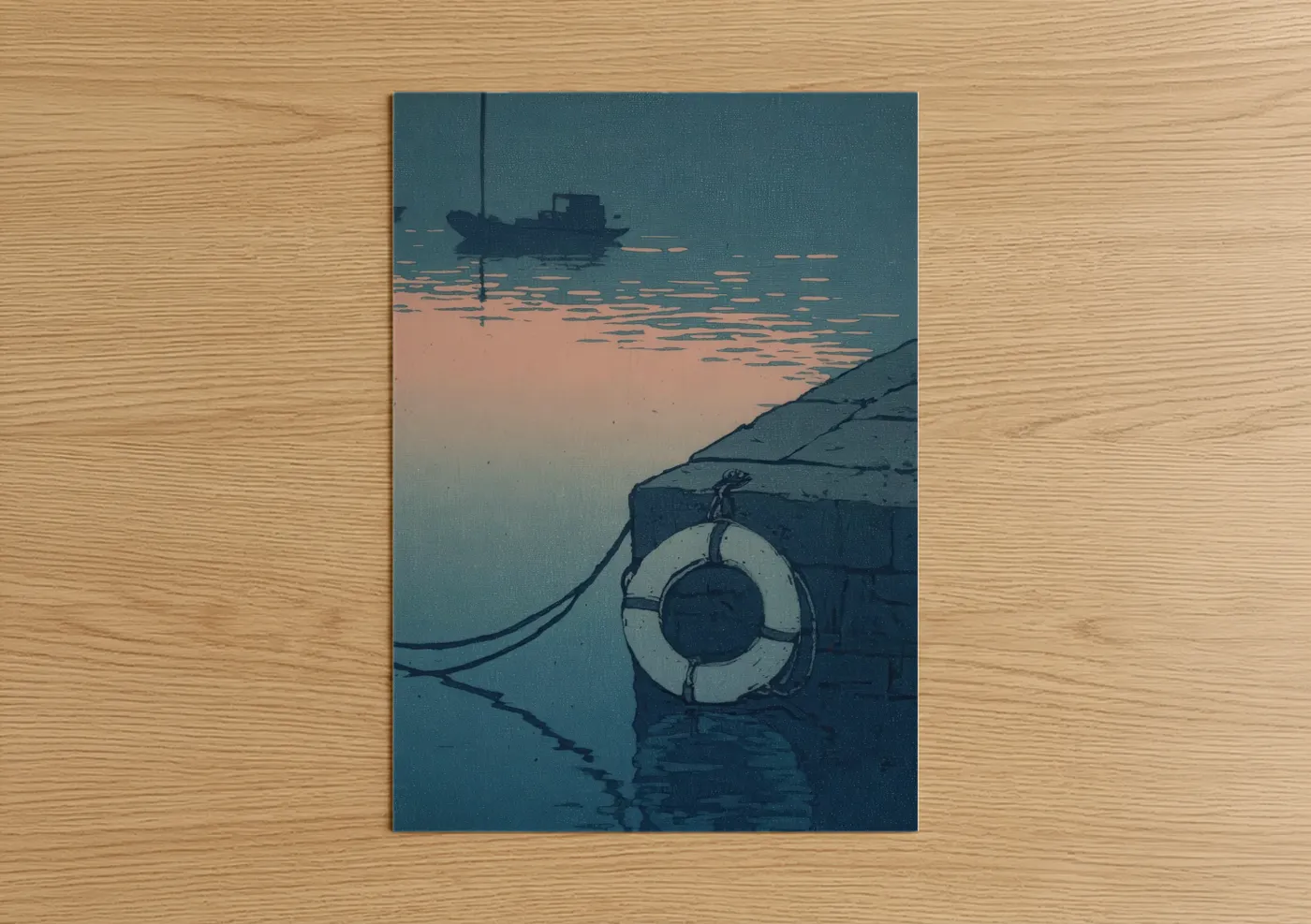 Life ring art print on warm oak wood — teal and salmon pink palette — Harbor Sunset poster