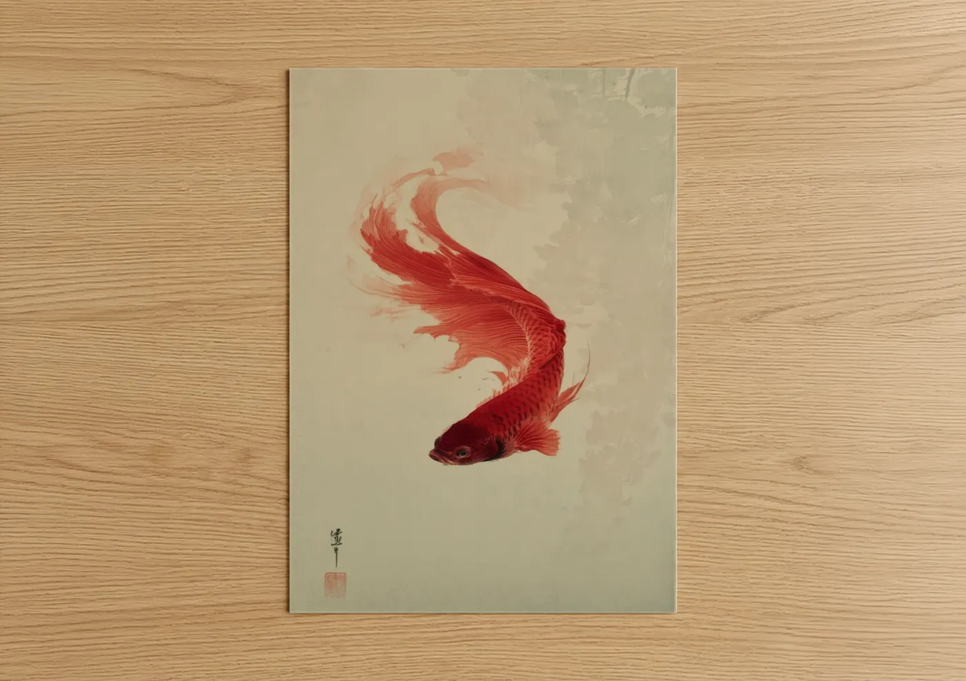 Fighting fish art print on warm oak wood — red and cream palette — Crimson Betta Flow poster