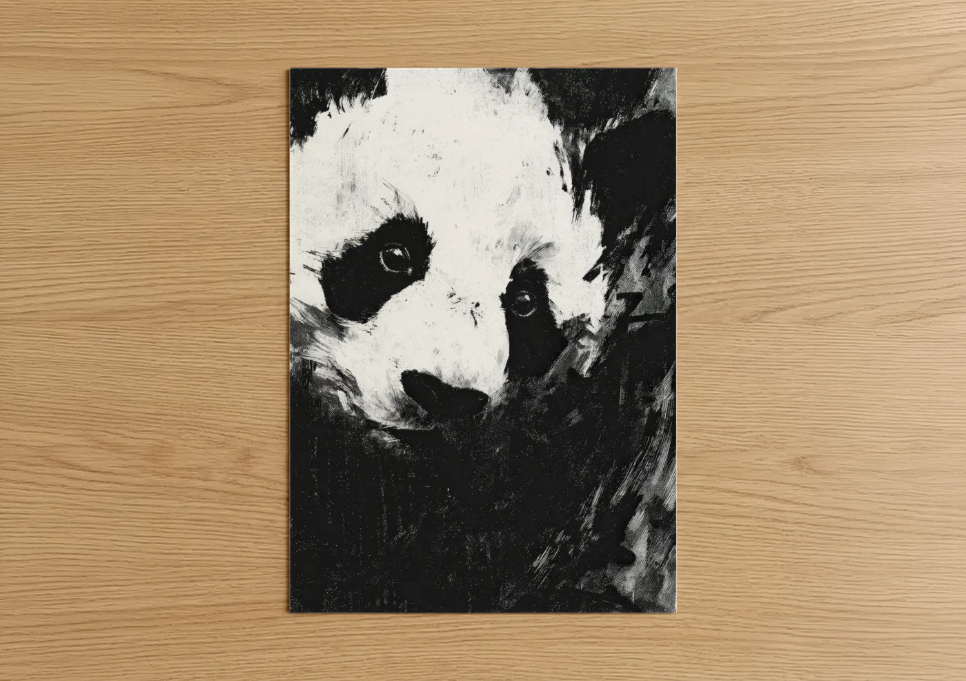 Art print on warm oak wood — black and white palette — Contemplative Panda poster