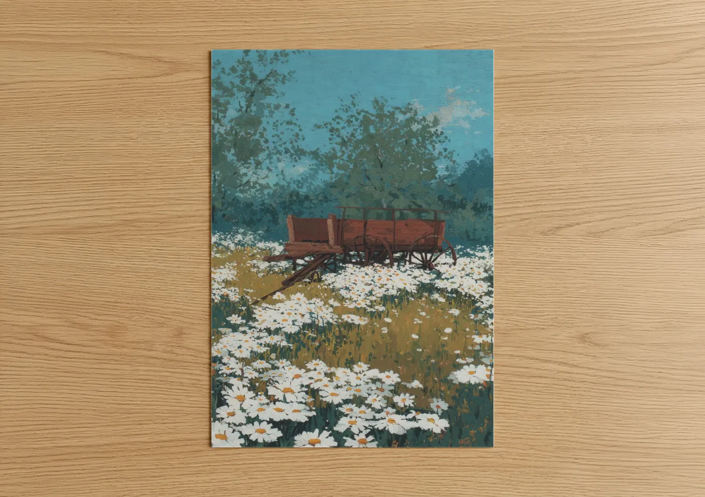 Rustic Wagon Daisy Field Painting Wall Art