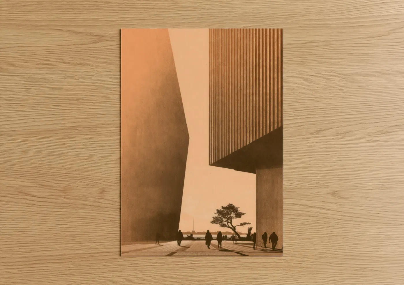 Abstract architecture art print on warm oak wood — peach and russet palette — Minimalist Promenade poster