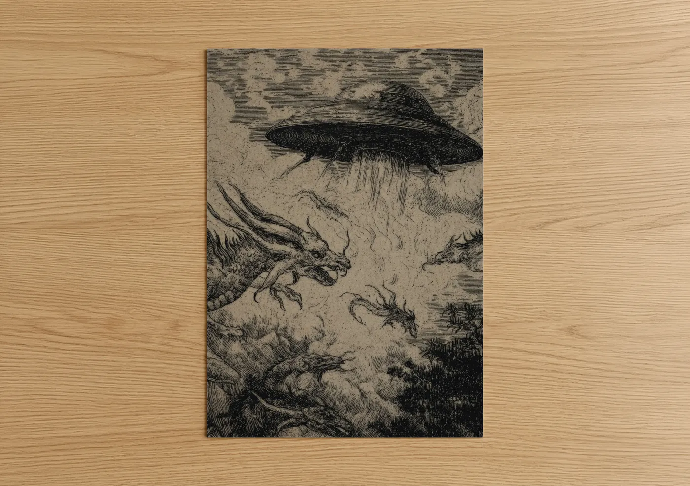 Ufo art print on warm oak wood — black and white and gray palette — Alien Encounter poster
