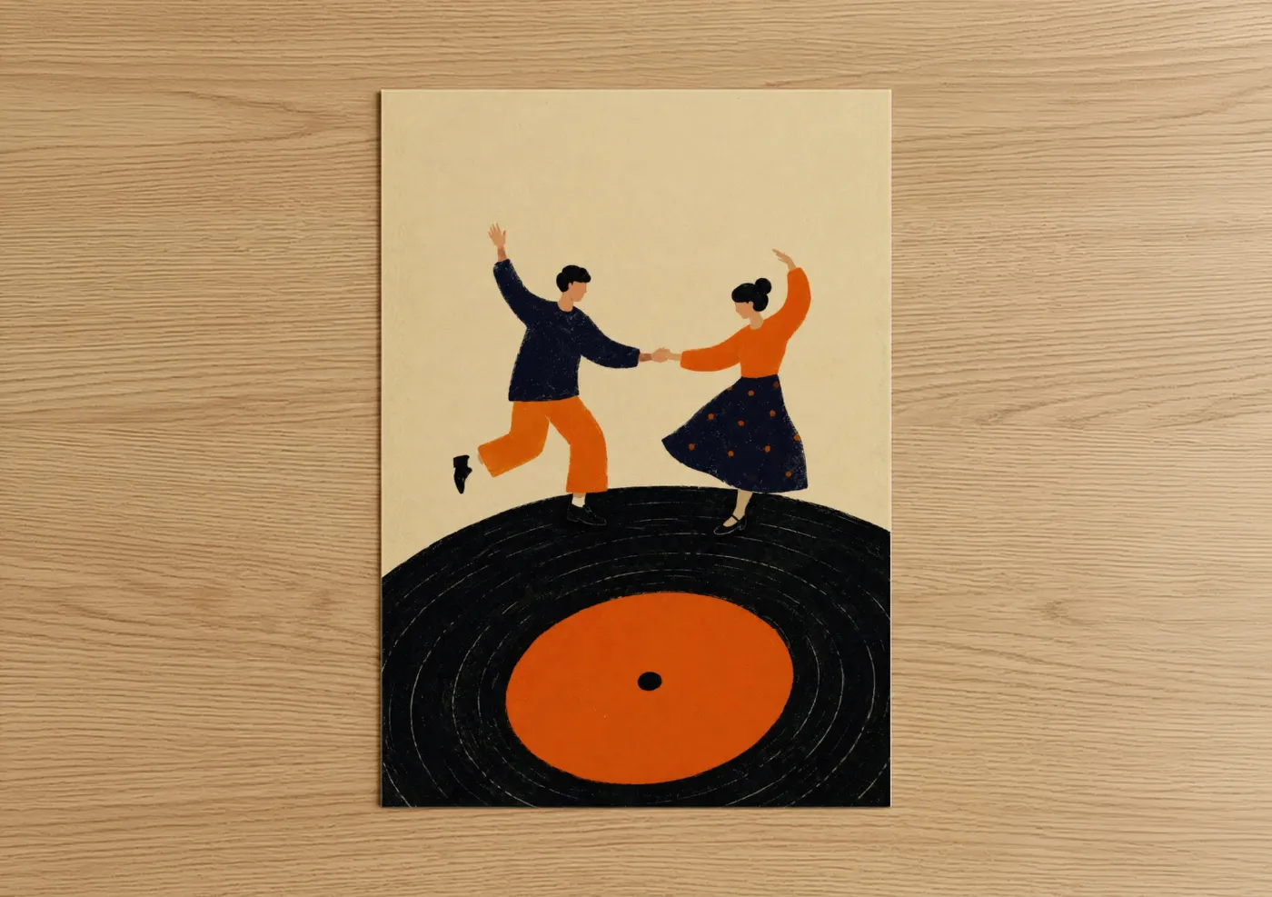 Art print on warm oak wood — orange and beige palette — Retro Ballroom Dance Couple Wall Art poster