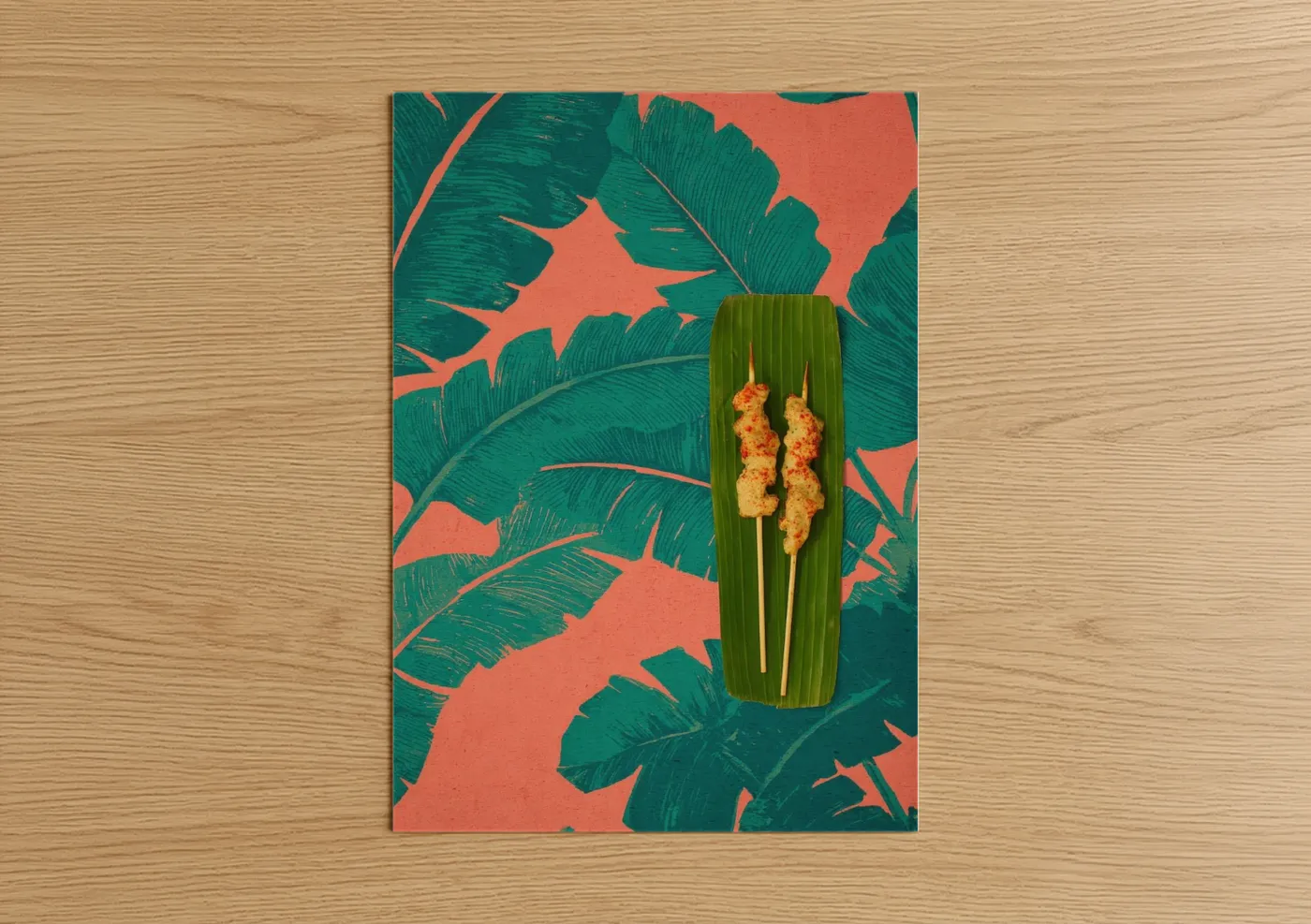 Art print on warm oak wood — teal and orange palette — Tropical Poultry Skewers poster