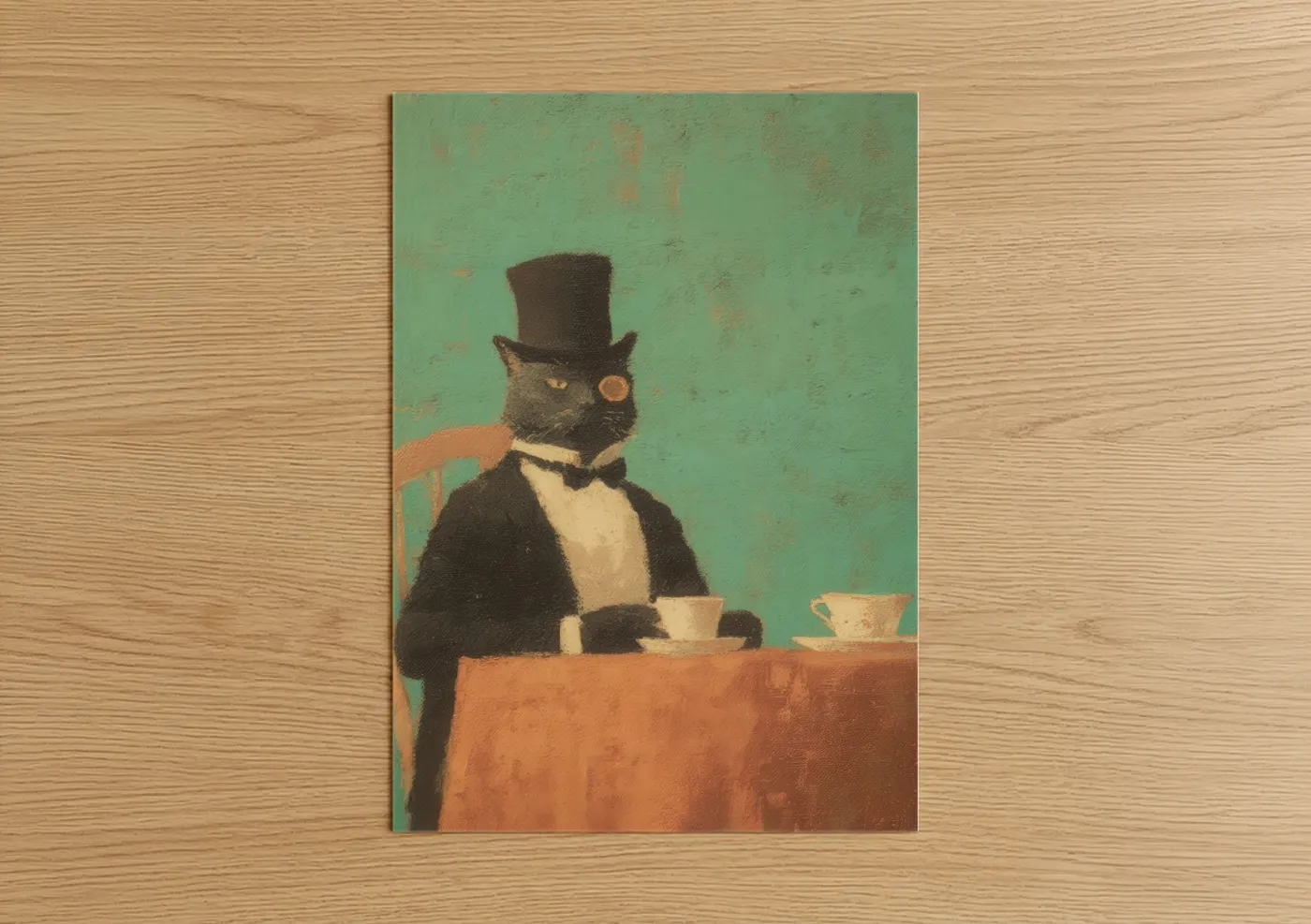 Vintage fashion art print on warm oak wood — light green and orange palette — Dapper Cat Elegance poster