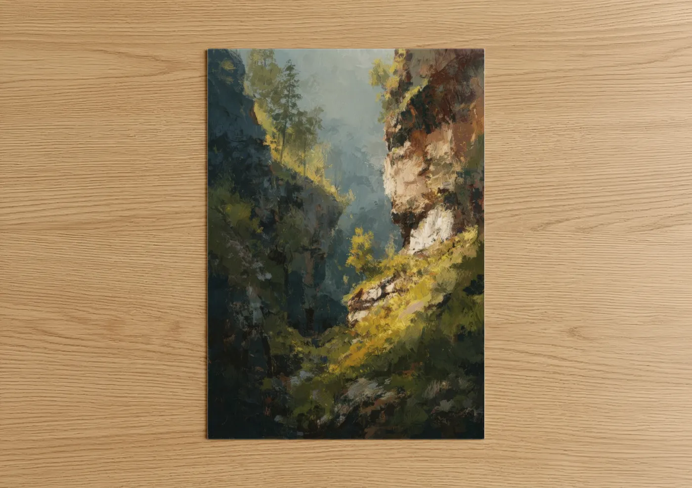 Art print on warm oak wood — gold and dark green palette — Golden Canyon poster