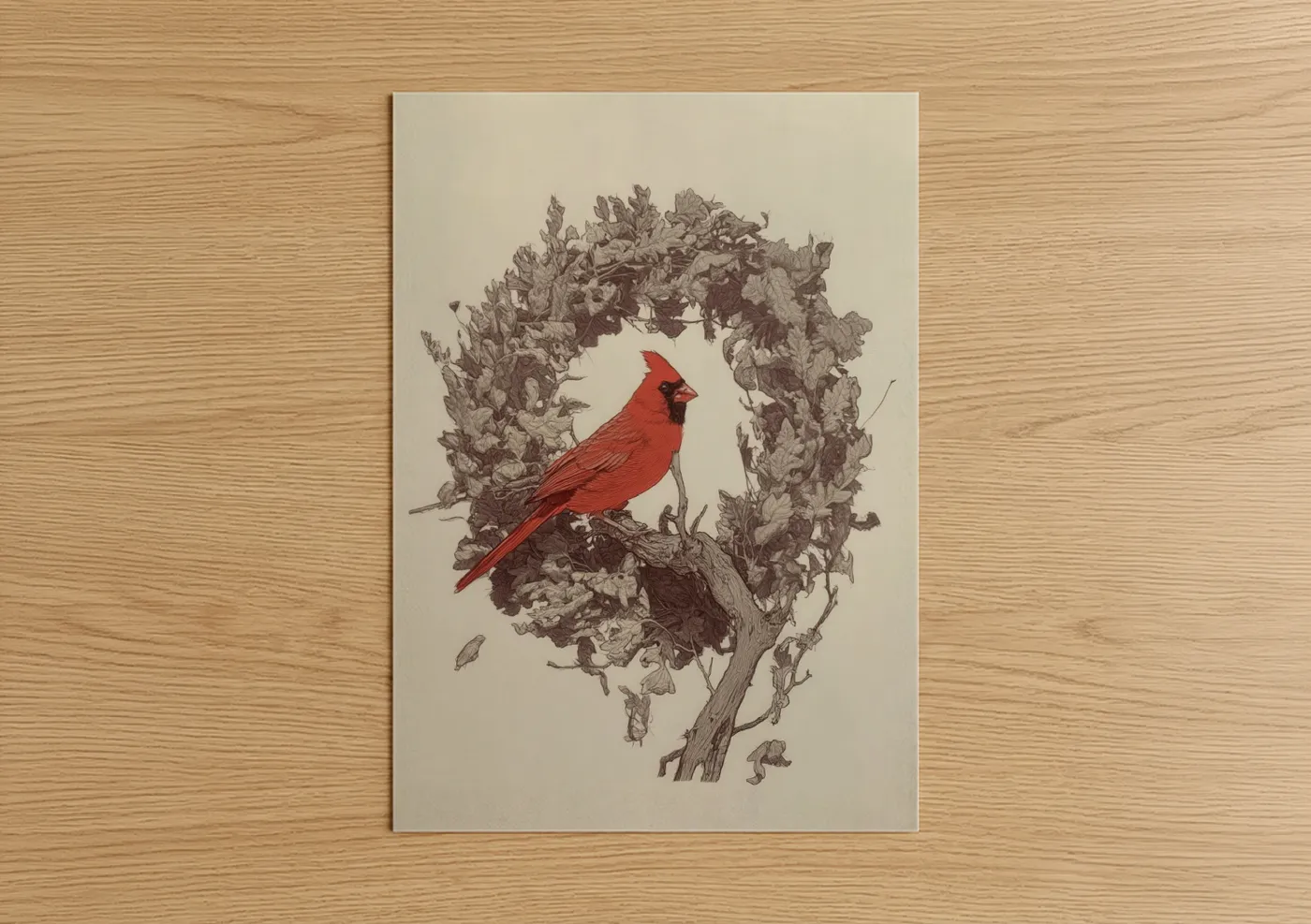 Scarlet Cardinal Wreath Nature Illustration Wall Art
