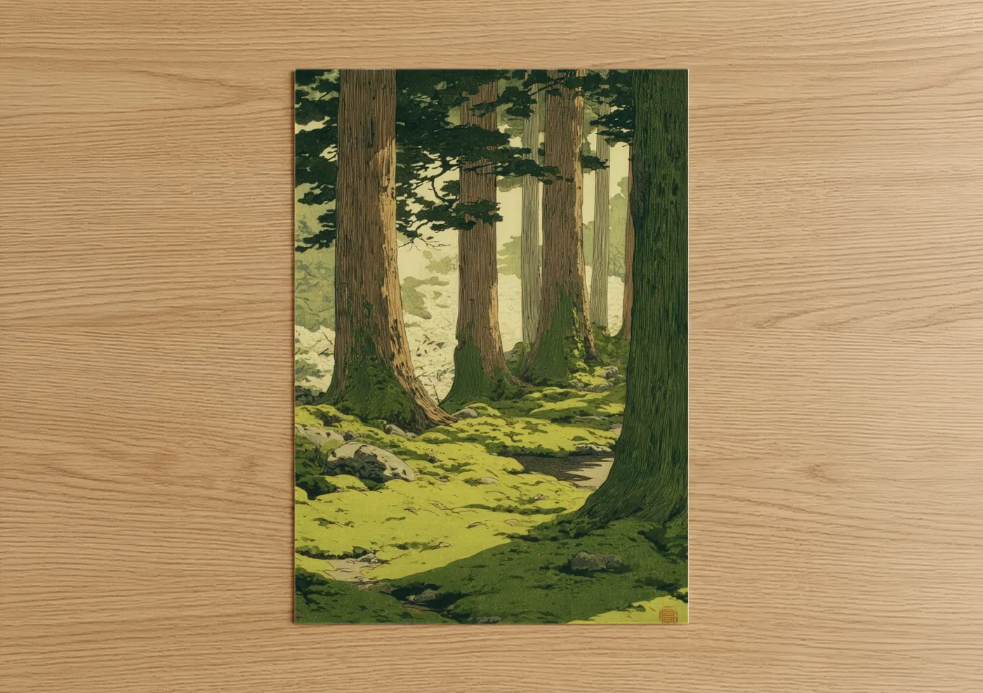 Cedar forest art print on warm oak wood — green and cream palette — Misty Cedar Grove poster