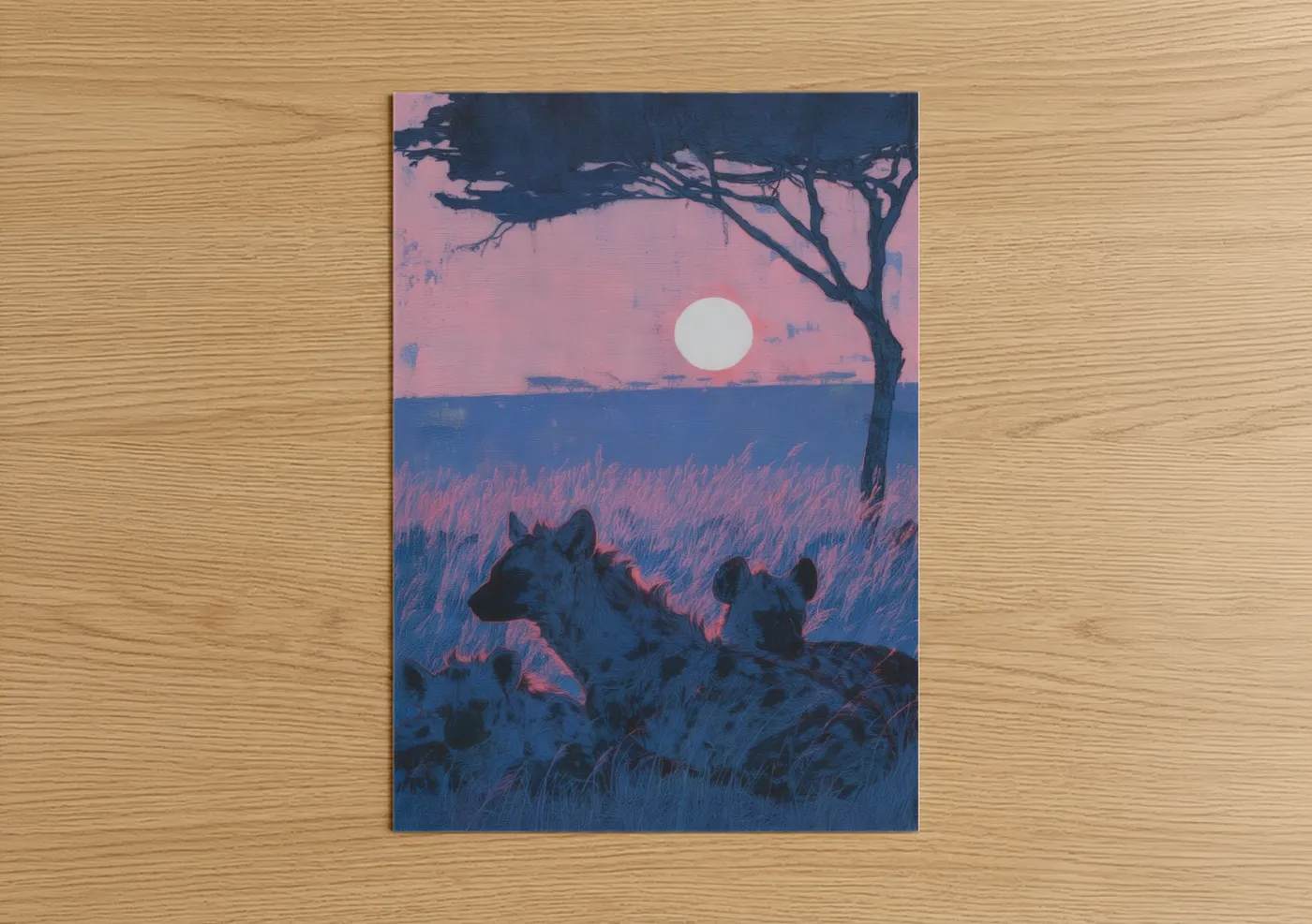 Art print on warm oak wood — pink and blue palette — Twilight Hyena Pack poster