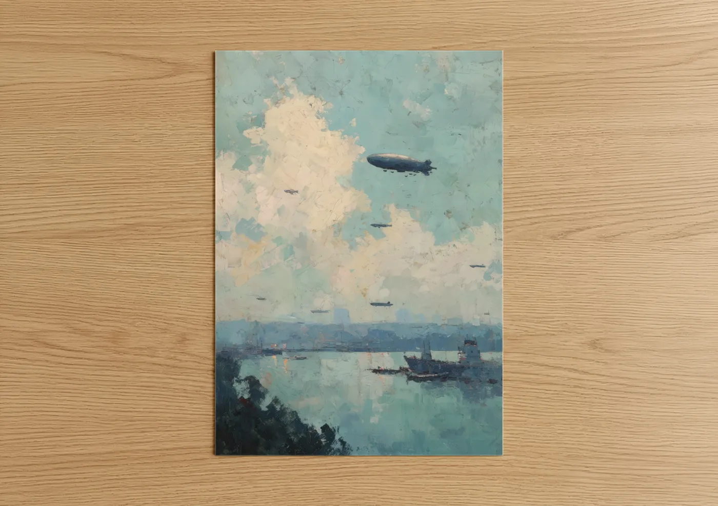 Vintage Airship Over Industrial Cityscape Wall Art
