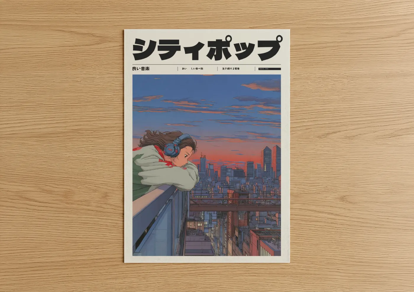 Anime Girl Sunset City Rooftop Wall Art