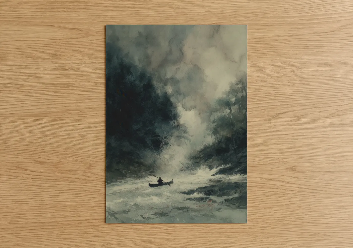 Misty River Kayak Watercolor Landscape Wall Art