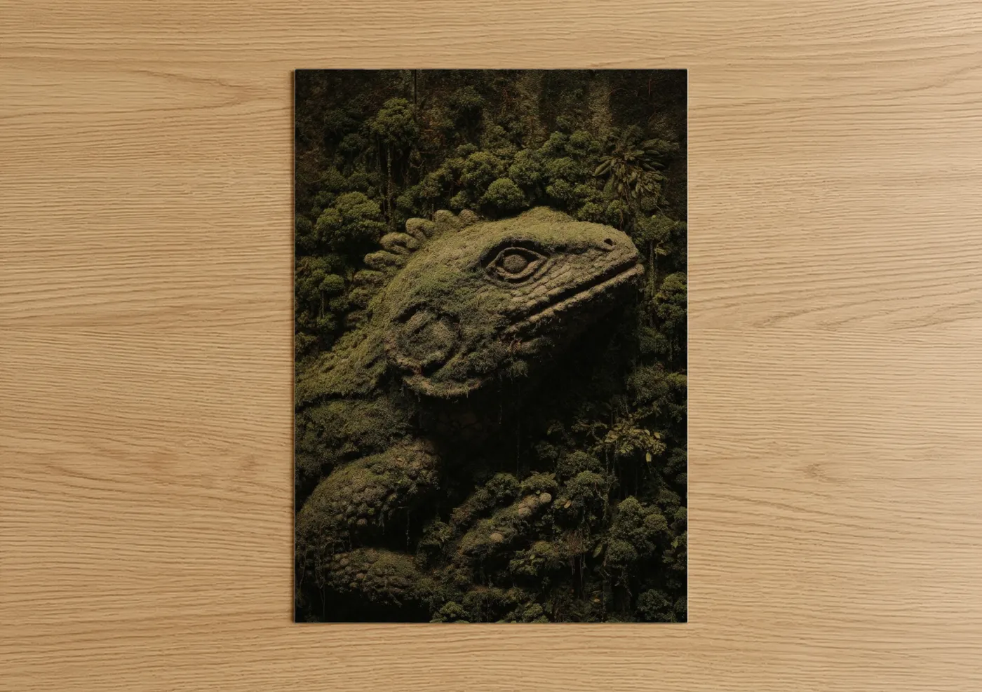 Art print on warm oak wood — dark green and olive palette — Moss-Covered Lizard poster