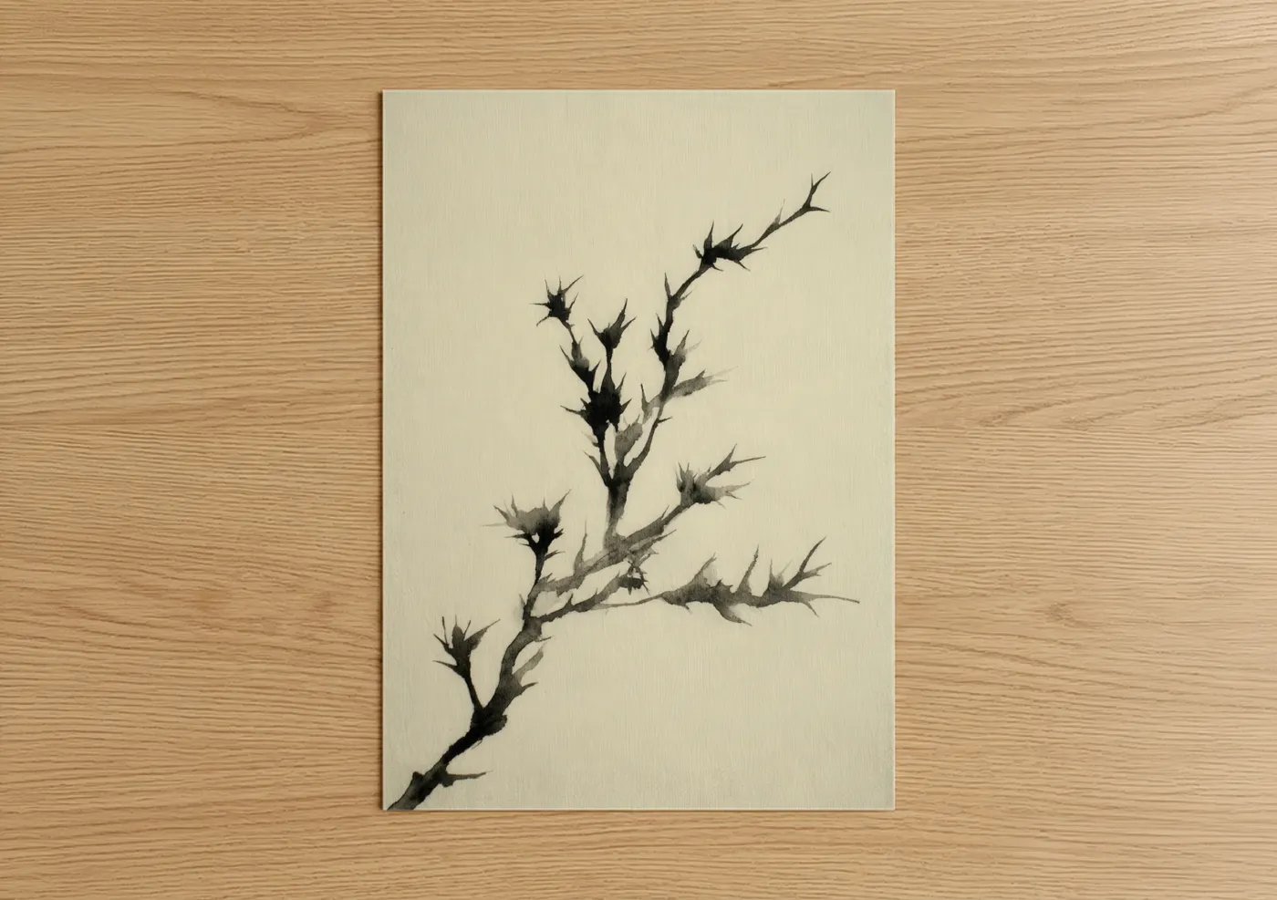 Cactus art print on warm oak wood — cream and black and white palette — Spiky Desert Branch poster
