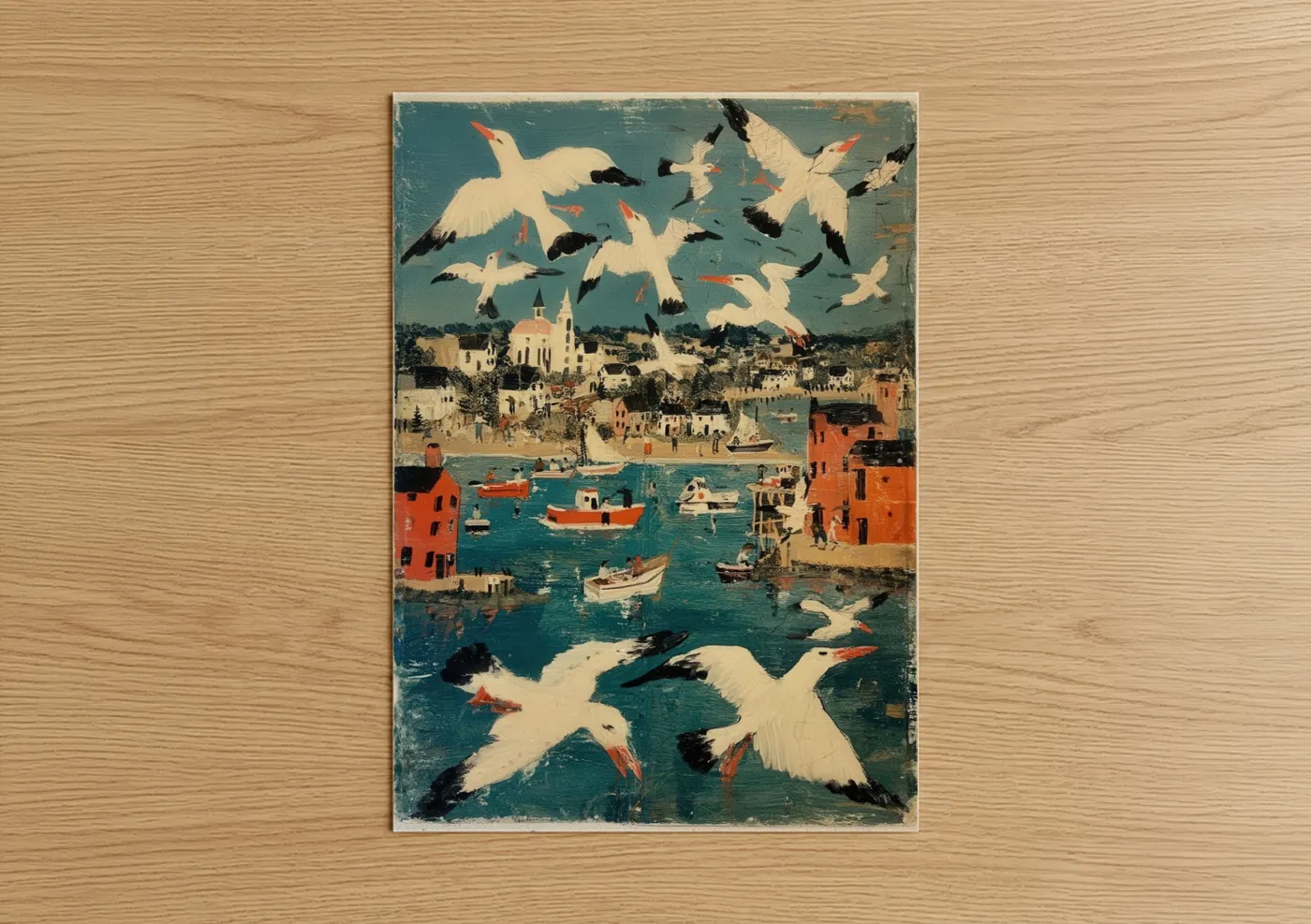 Coastal Harbor Seagulls Vintage Wall Art