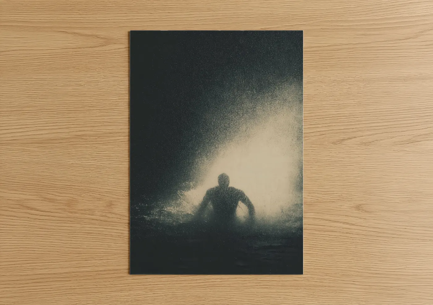 Swimming art print on warm oak wood — dove gray and cream palette — Nocturnal Swimmer poster