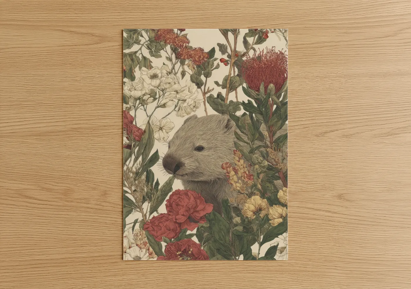 Art print on warm oak wood — cream and russet palette — Floral Wombat poster