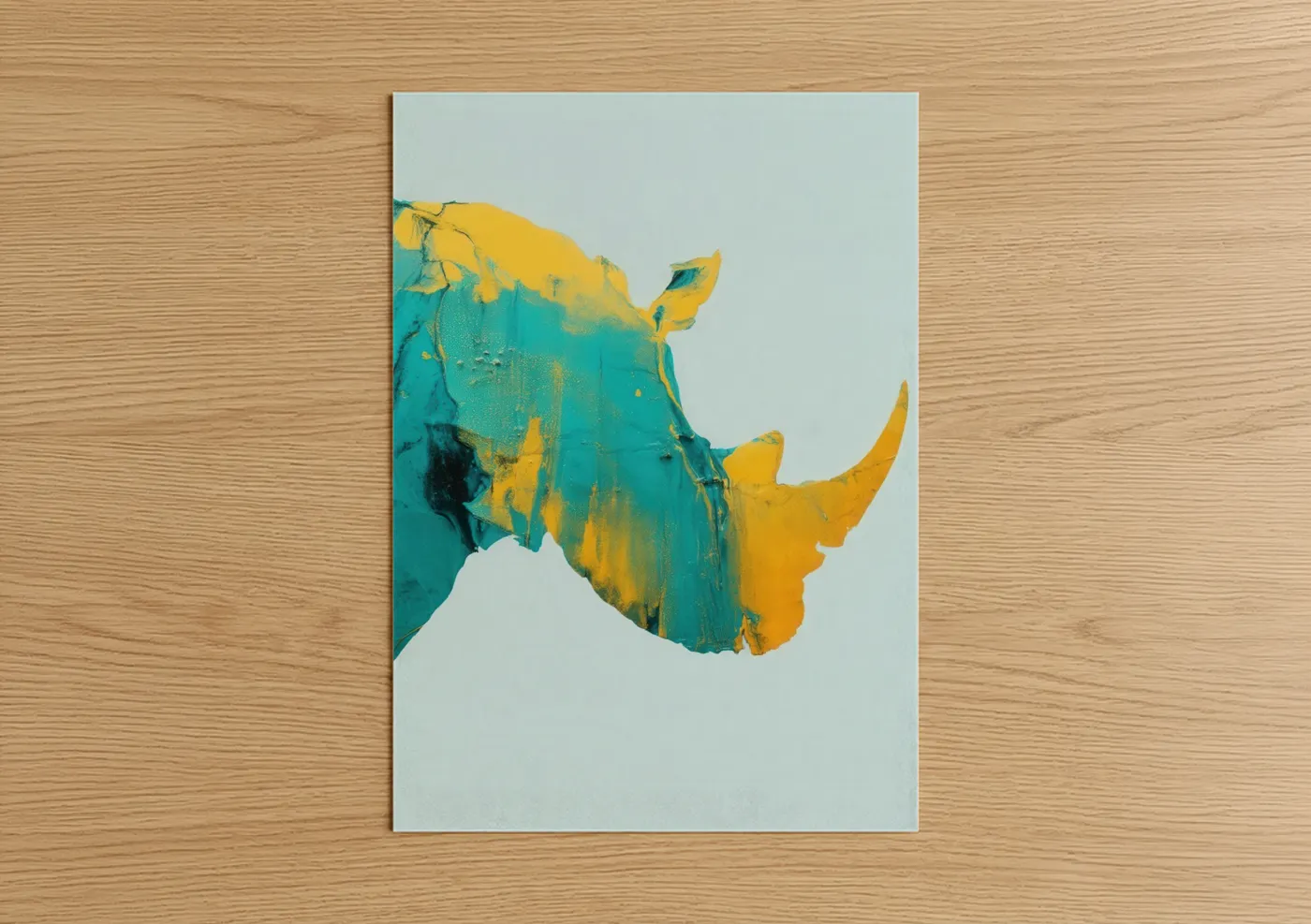 Art print on warm oak wood — teal and yellow gold palette — Golden Rhino poster