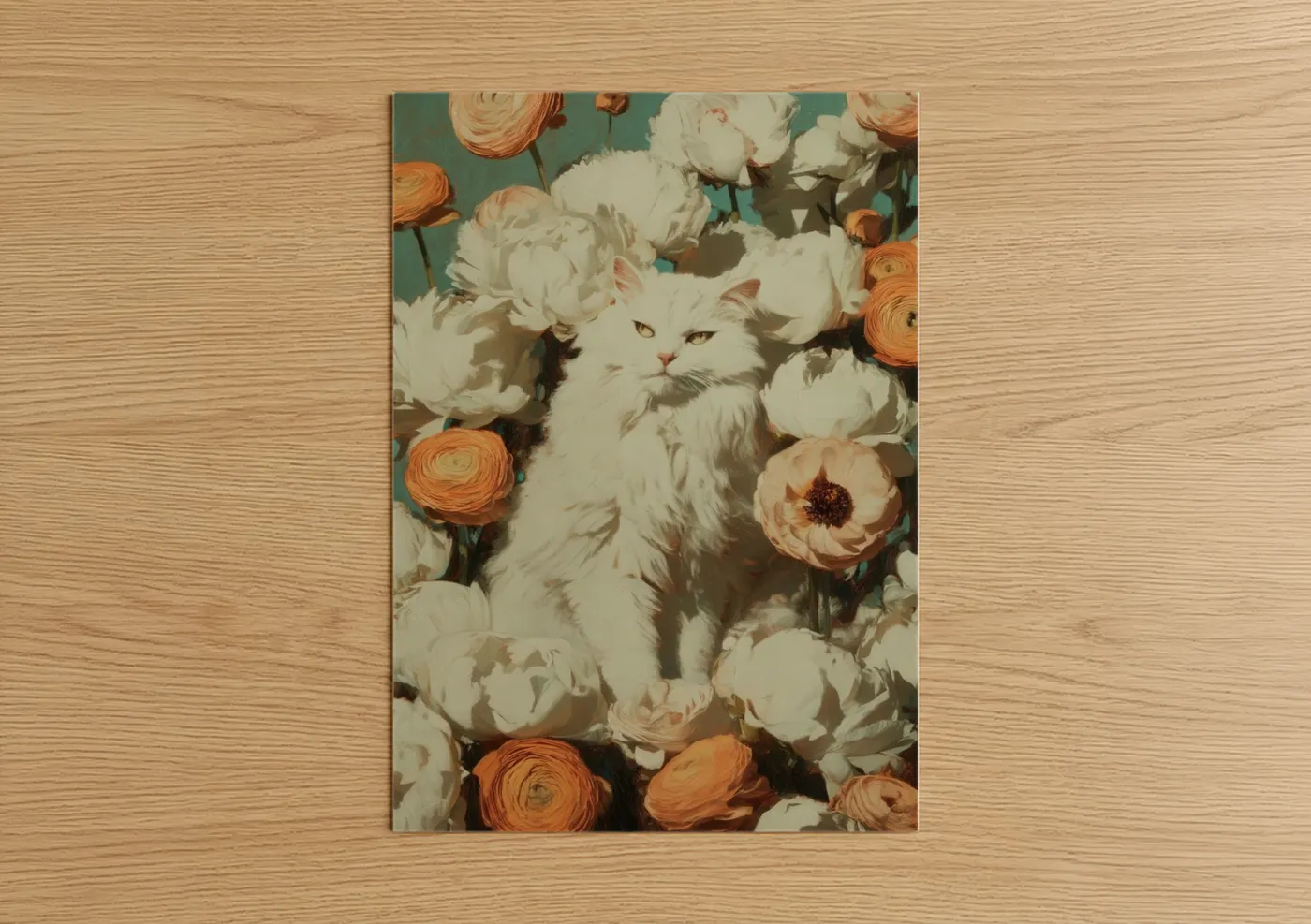 White Cat Among Peach Flowers Wall Art