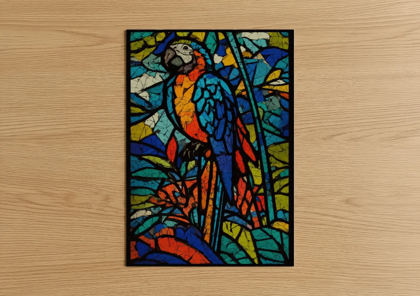 Art print on warm oak wood — blue and orange palette — Stained Glass Macaw poster
