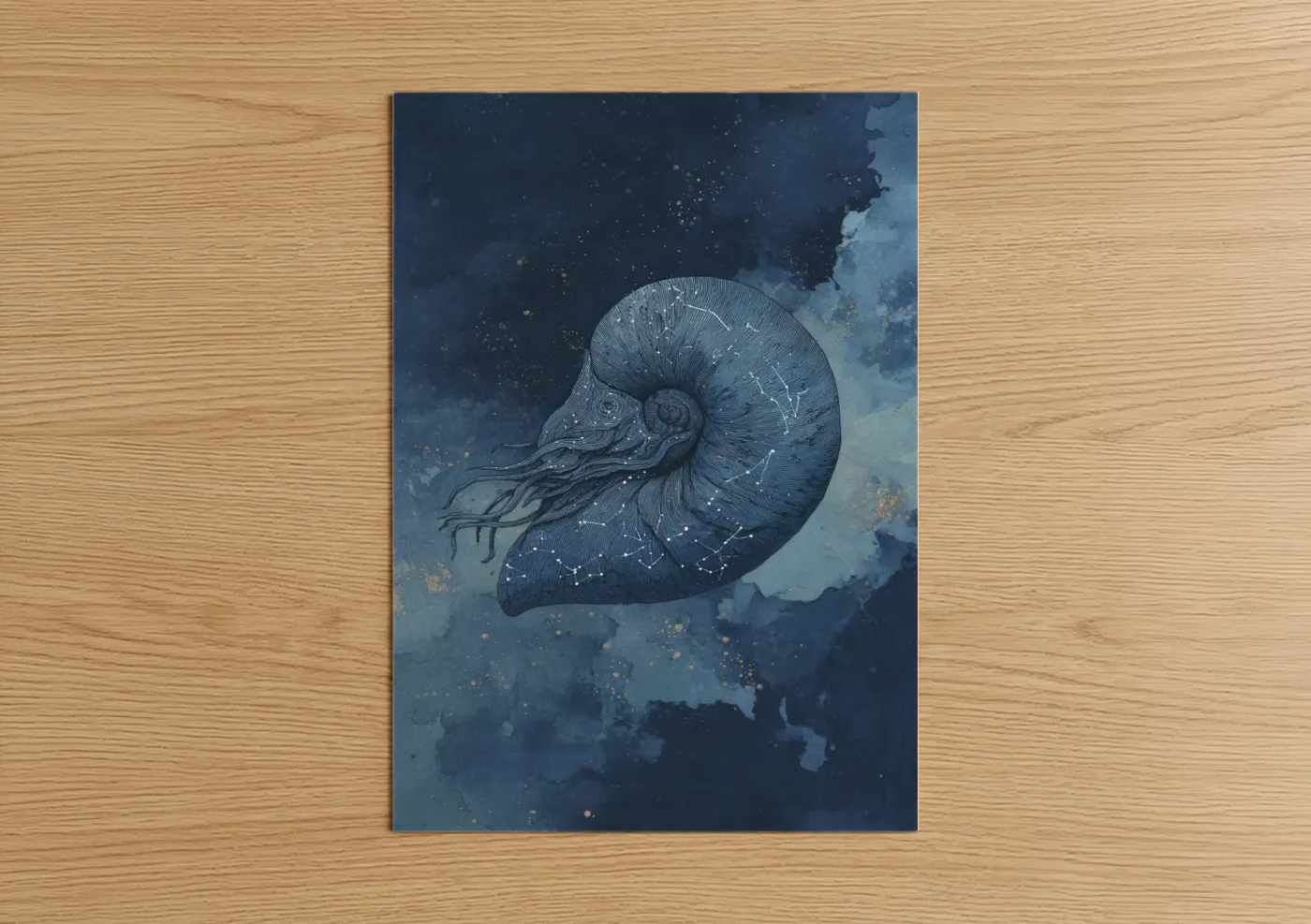 Art print on warm oak wood — dark blue and gold palette — Cosmic Nautilus poster